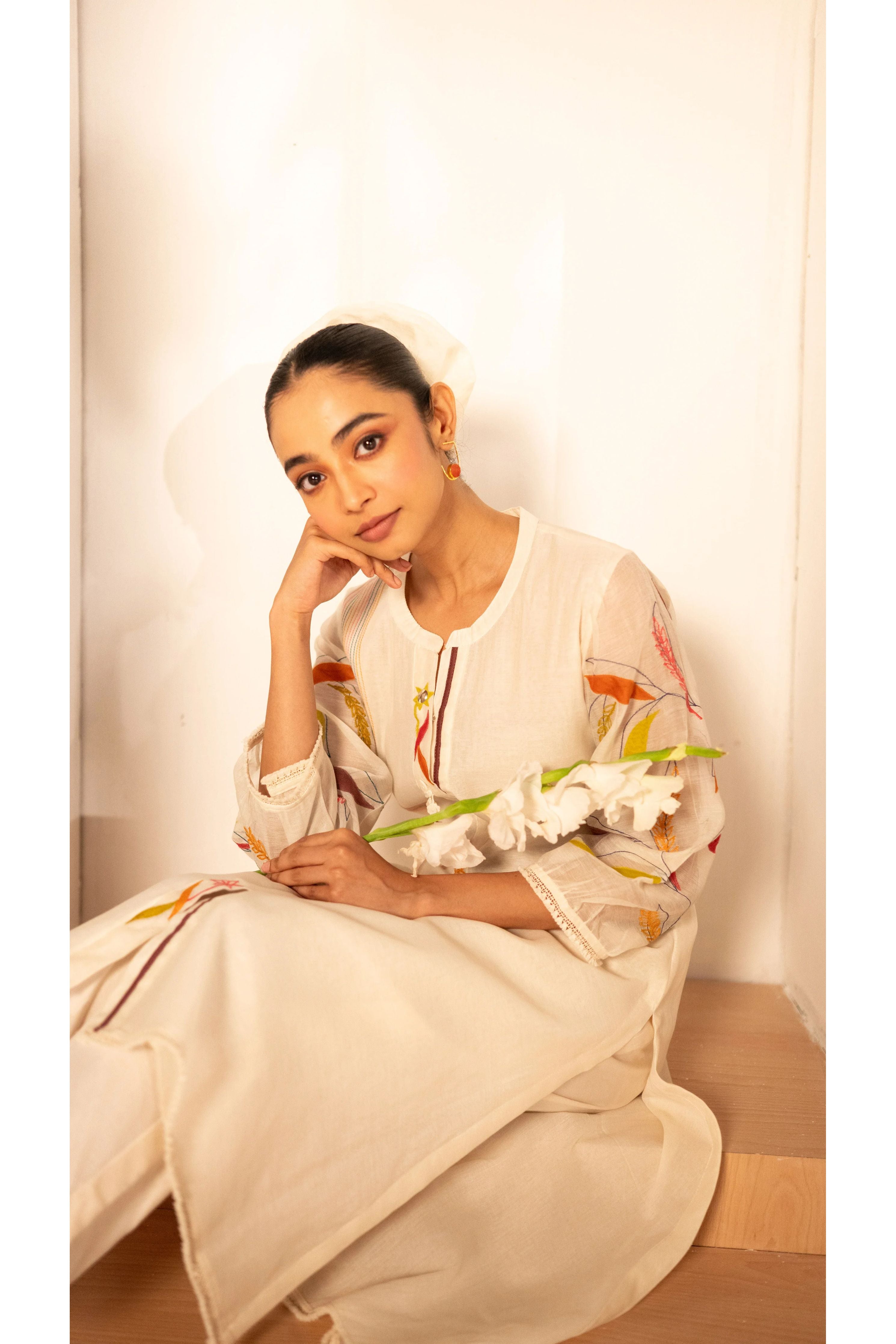 Ivory Mul Cotton A-line Tunic Set - Mokshaa