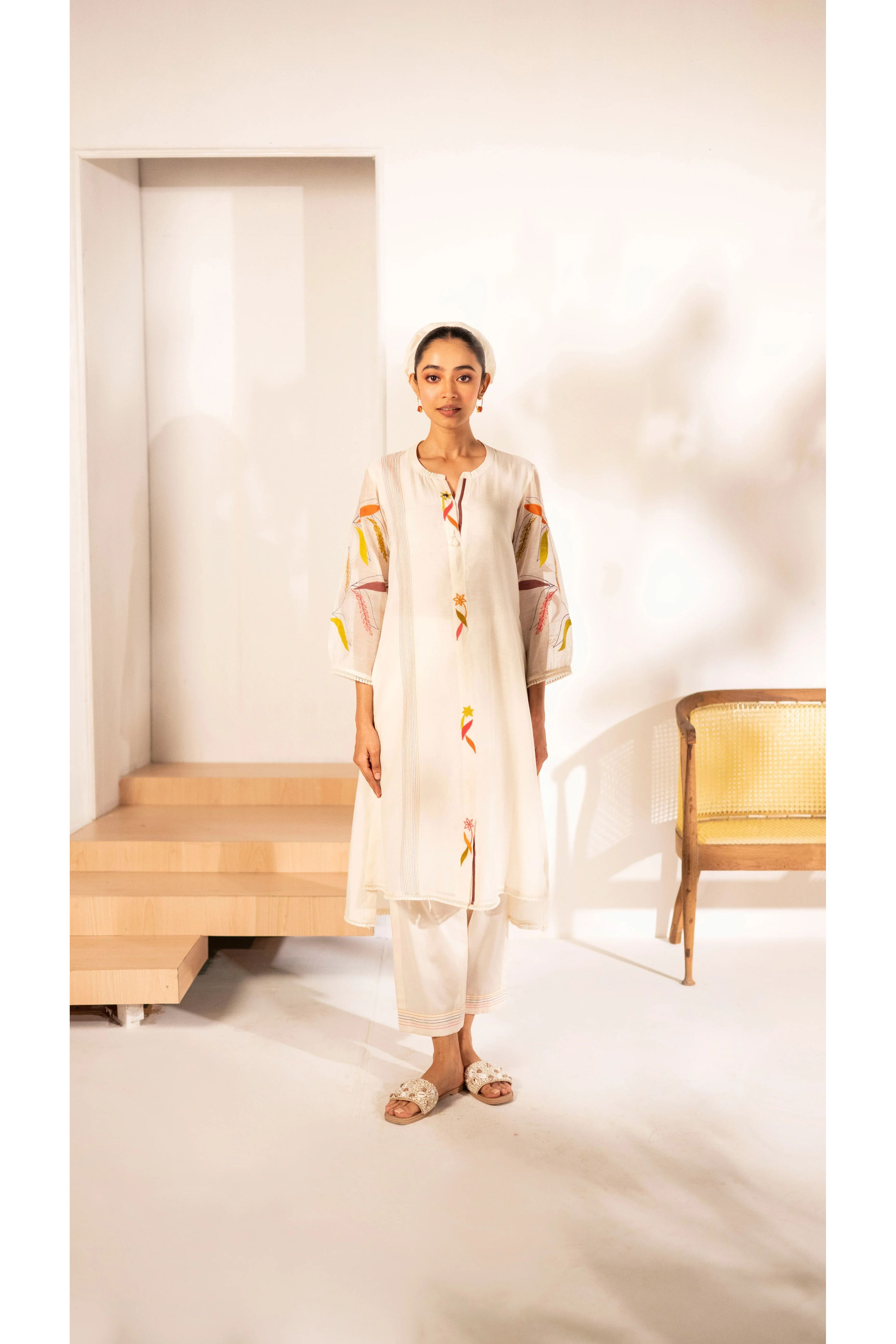 Ivory Mul Cotton A-line Tunic Set - Mokshaa