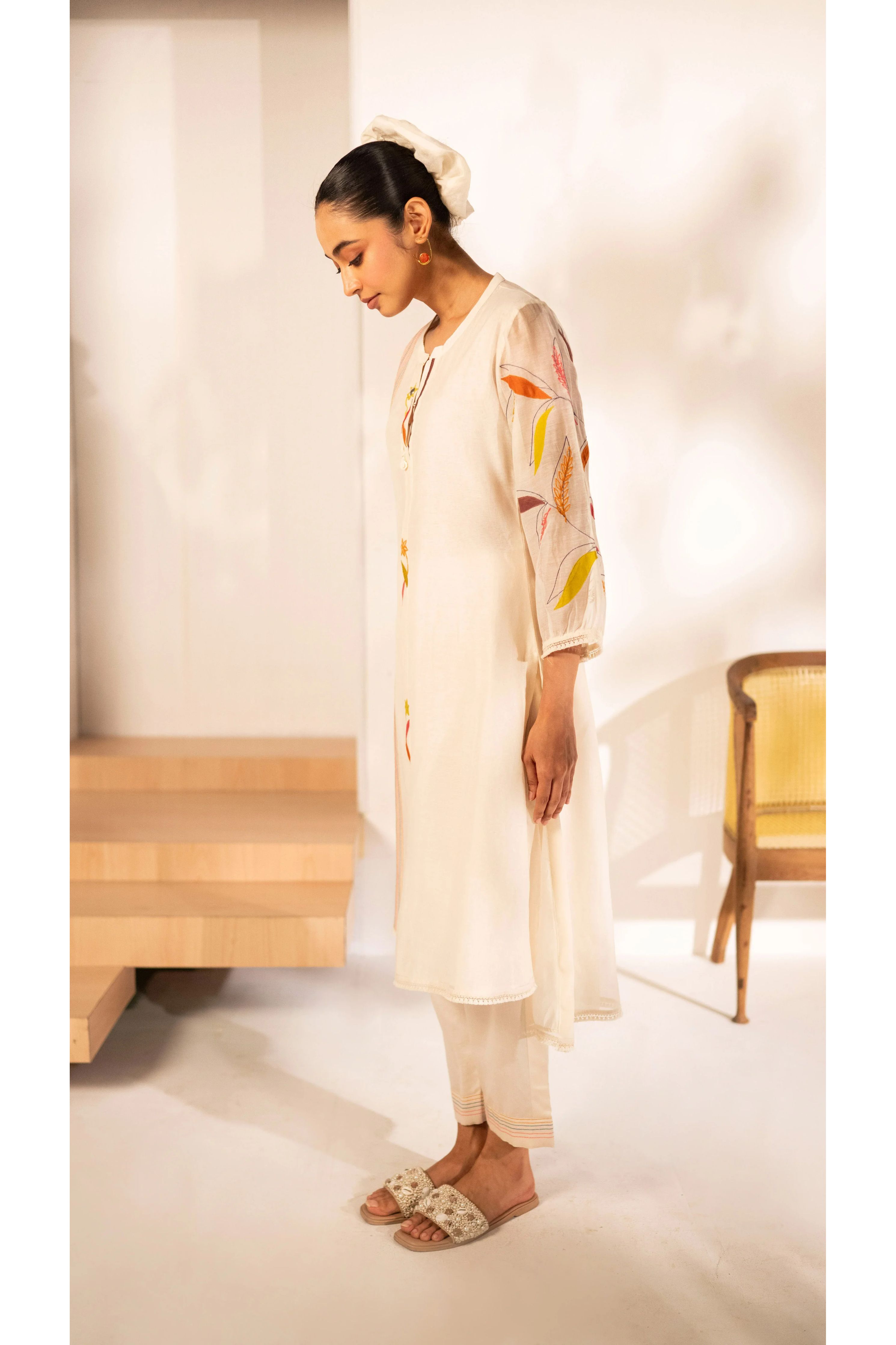 Ivory Mul Cotton A-line Tunic Set - Mokshaa