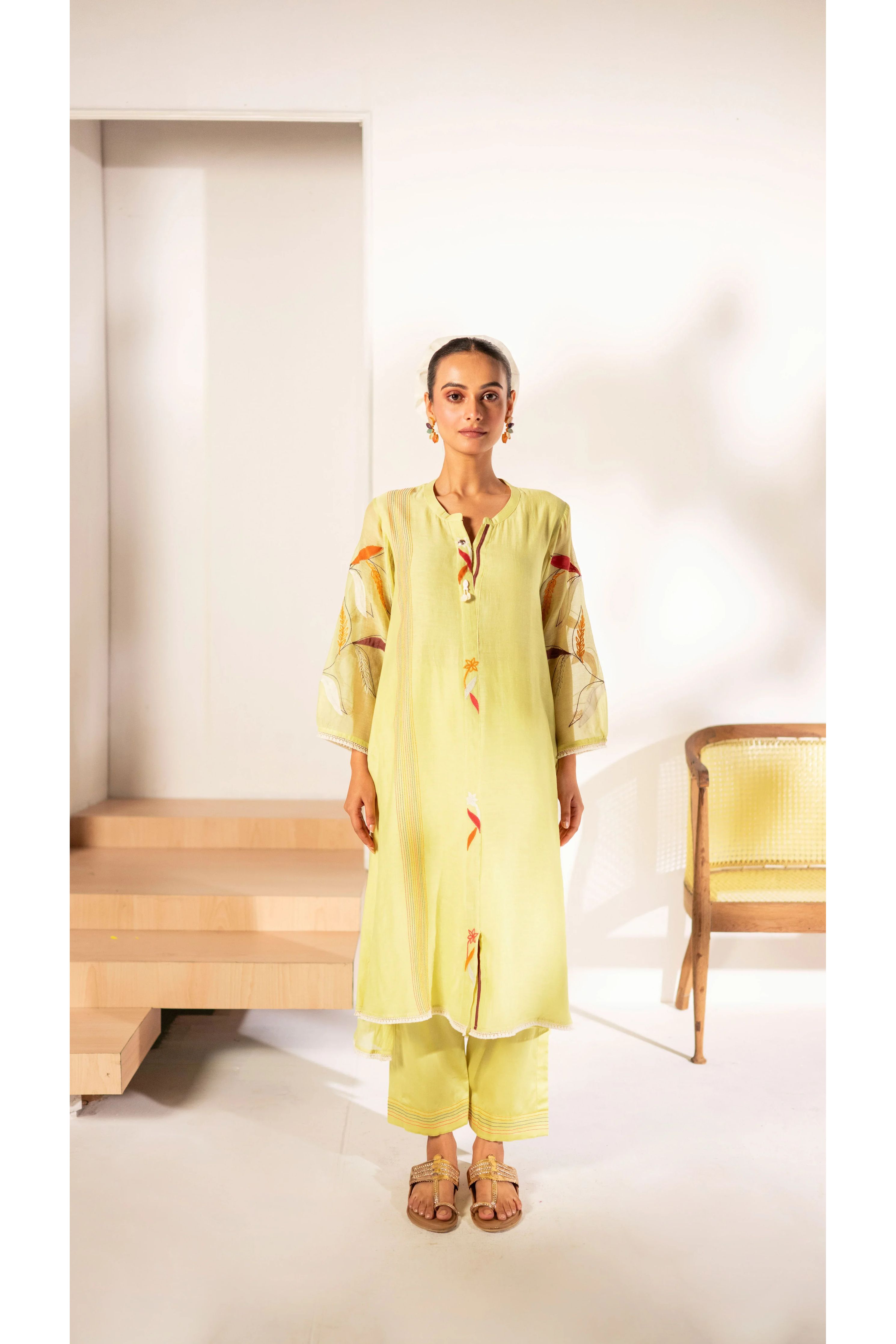 Lime Green Mul Cotton A-line Tunic Set - Mokshaa