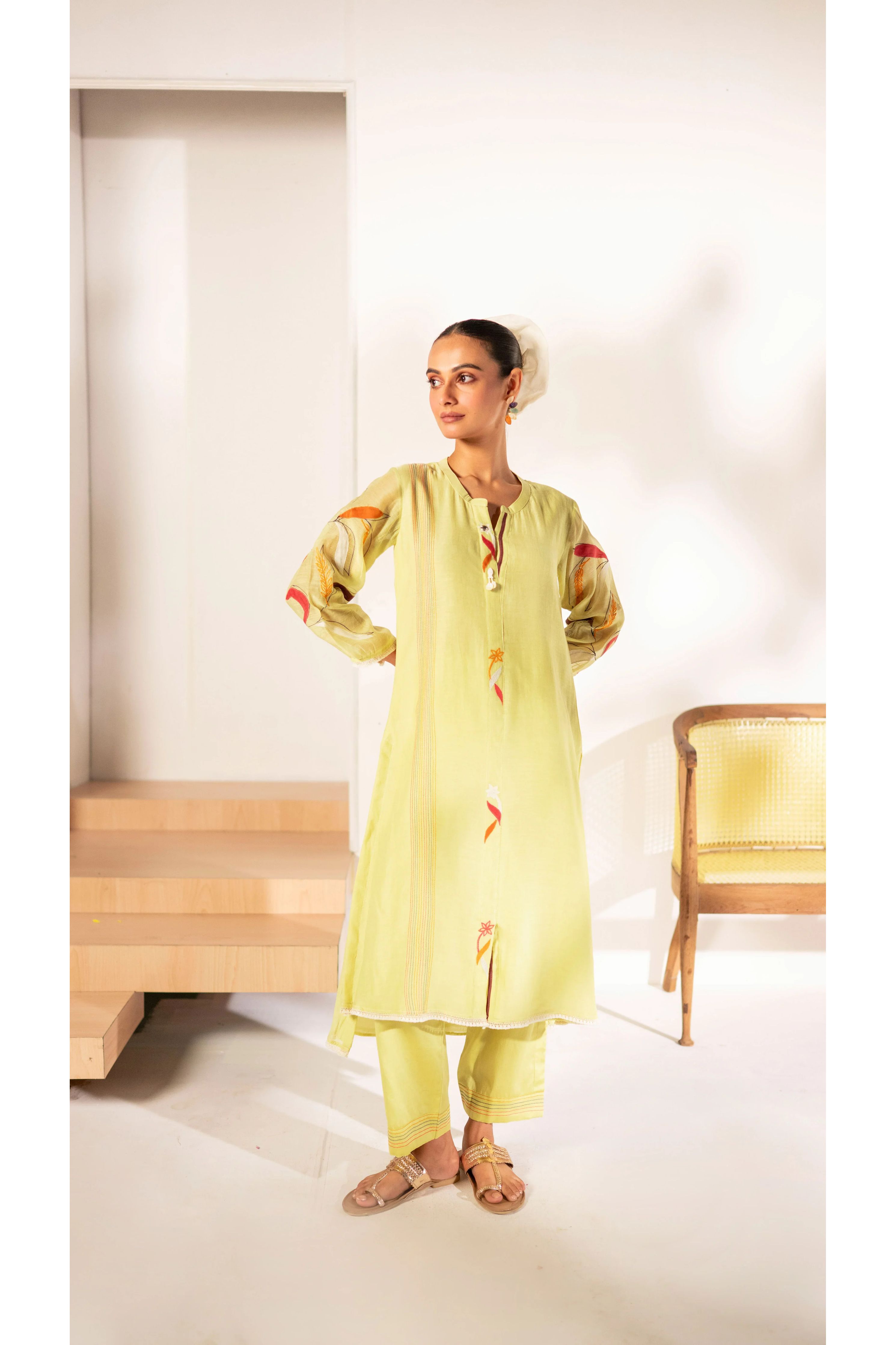 Lime Green Mul Cotton A-line Tunic Set - Mokshaa