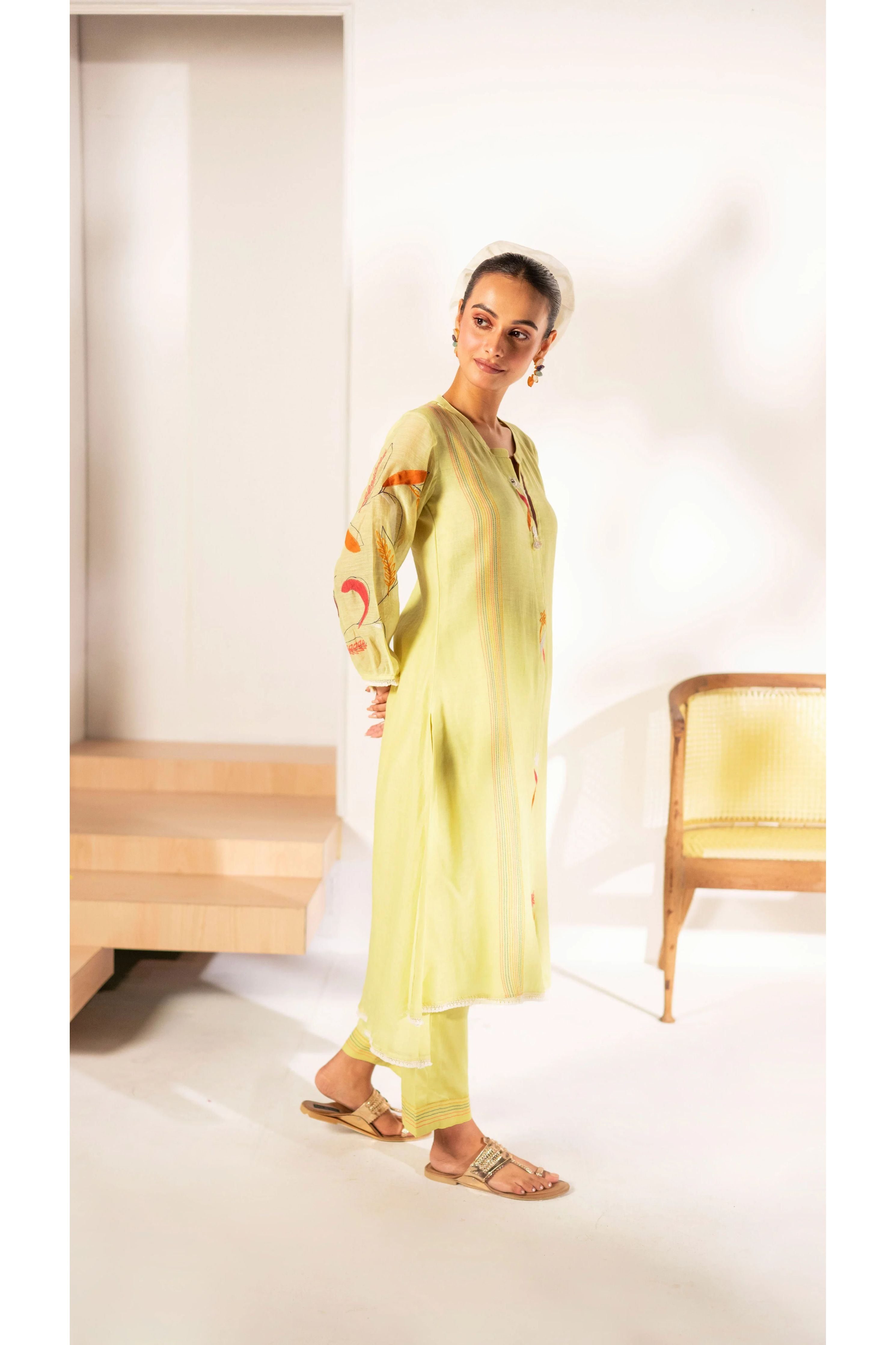 Lime Green Mul Cotton A-line Tunic Set - Mokshaa