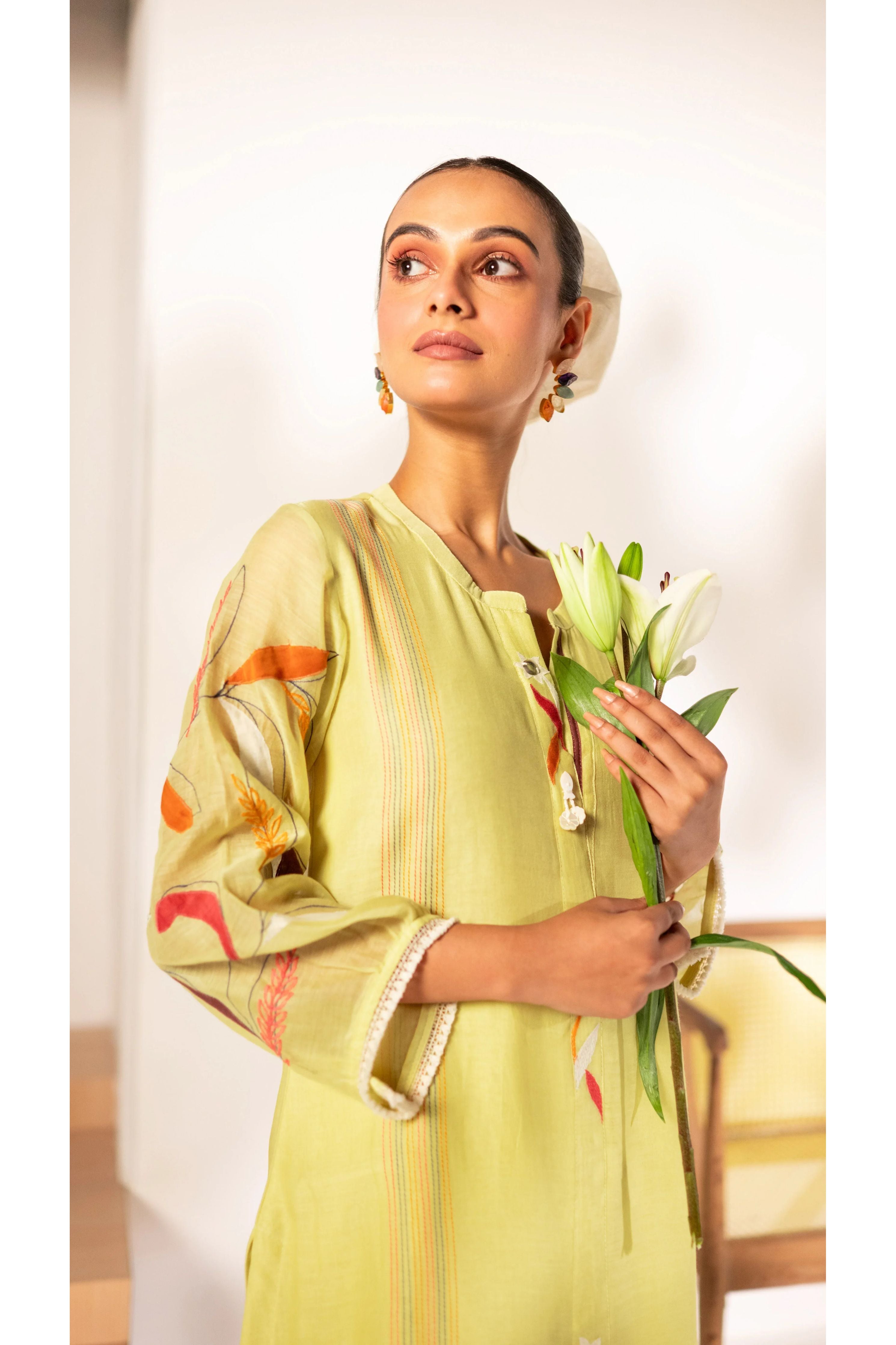 Lime Green Mul Cotton A-line Tunic Set - Mokshaa