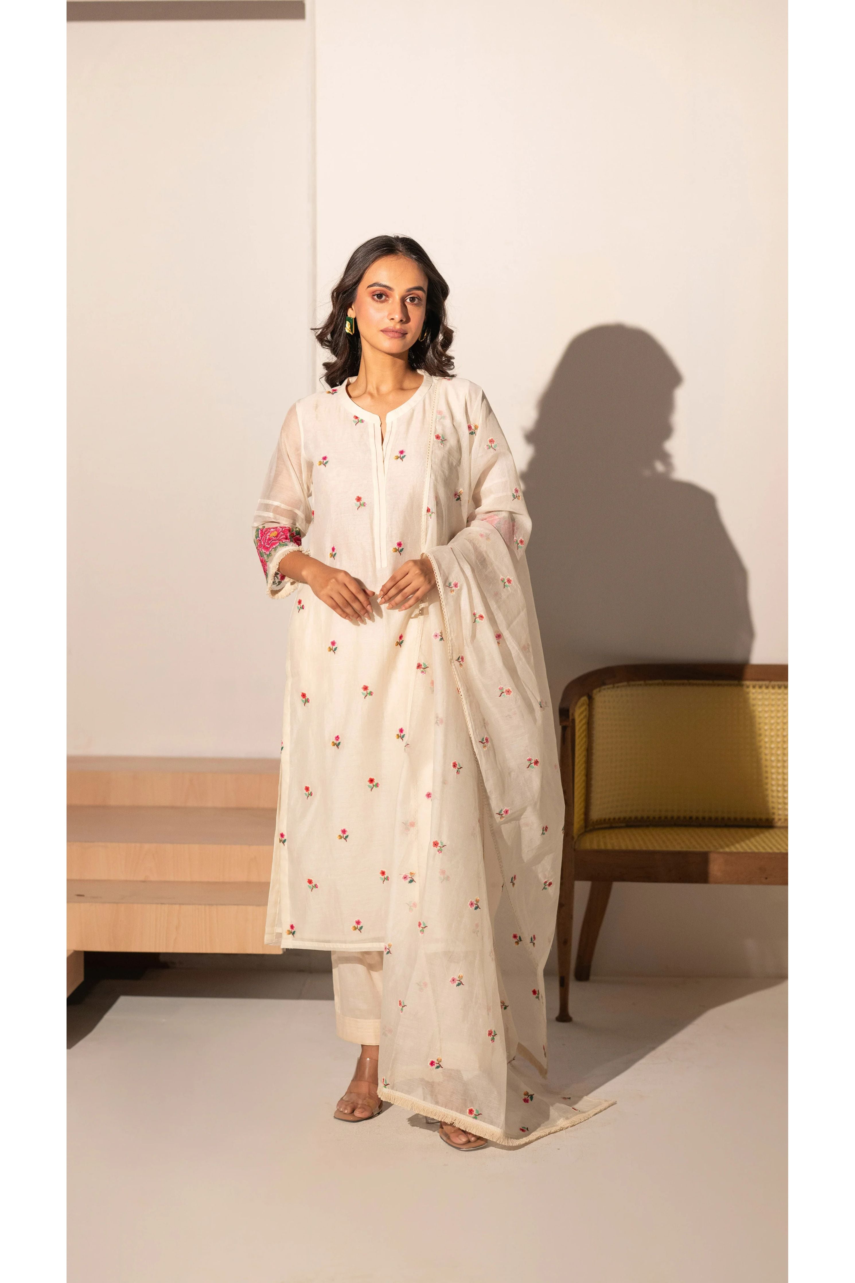 Ivory Mul Chanderi Straight Salwar Set - Mokshaa