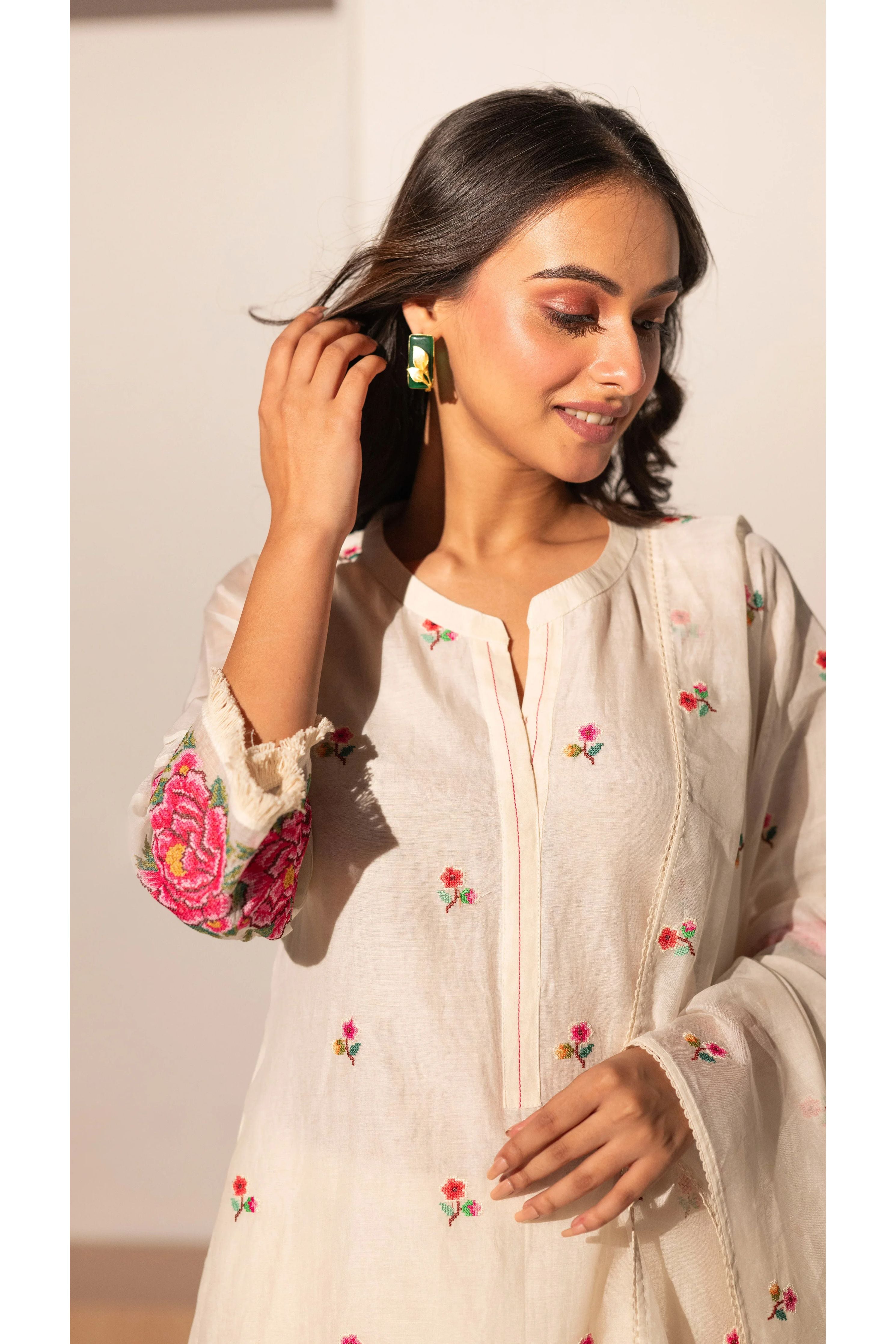 Ivory Mul Chanderi Straight Salwar Set - Mokshaa