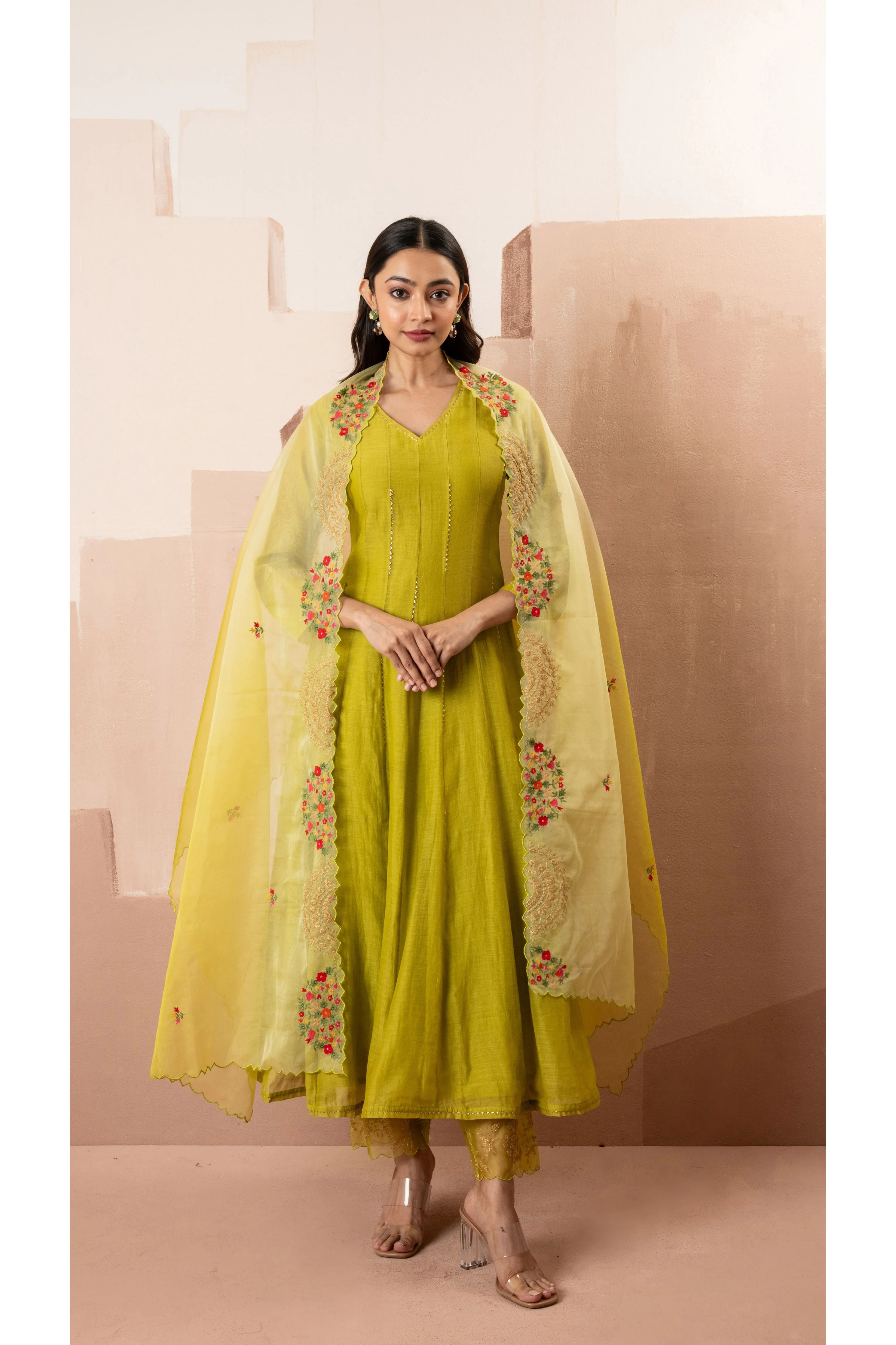 Lime Green Mul Chanderi Anarkali Set - Mokshaa
