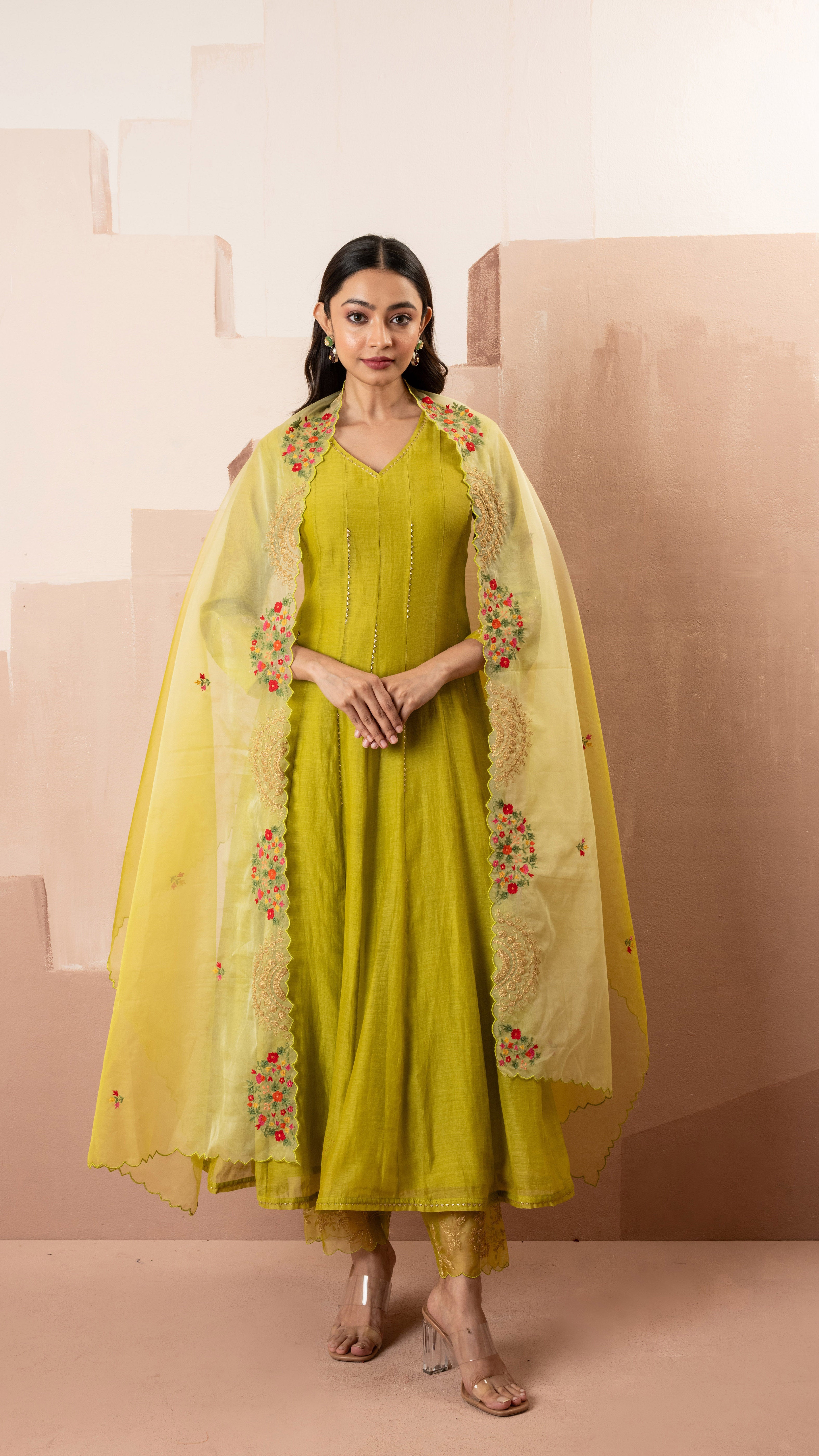 Lime Green Mul Chanderi Anarkali Set