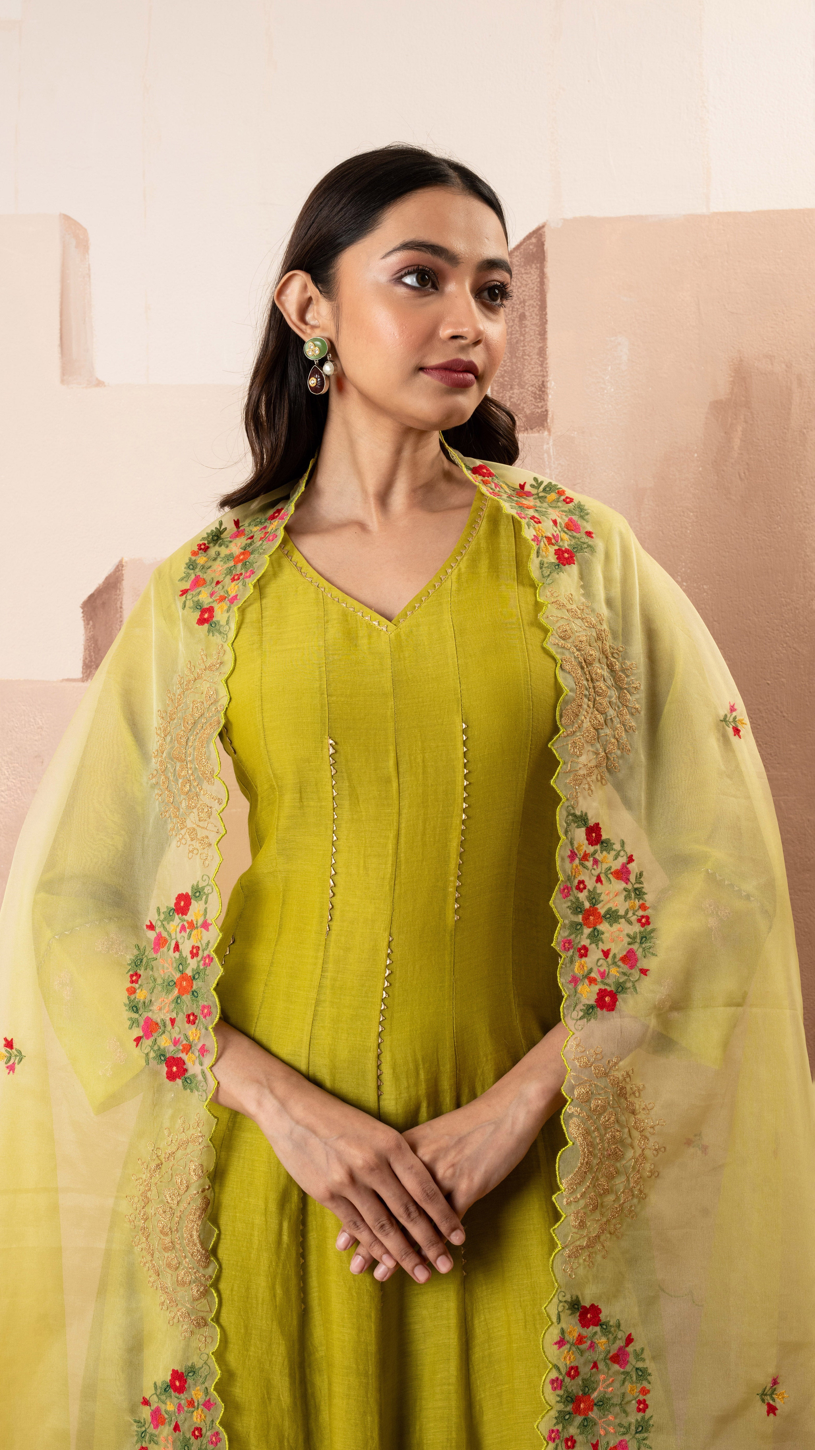 Lime Green Mul Chanderi Anarkali Set