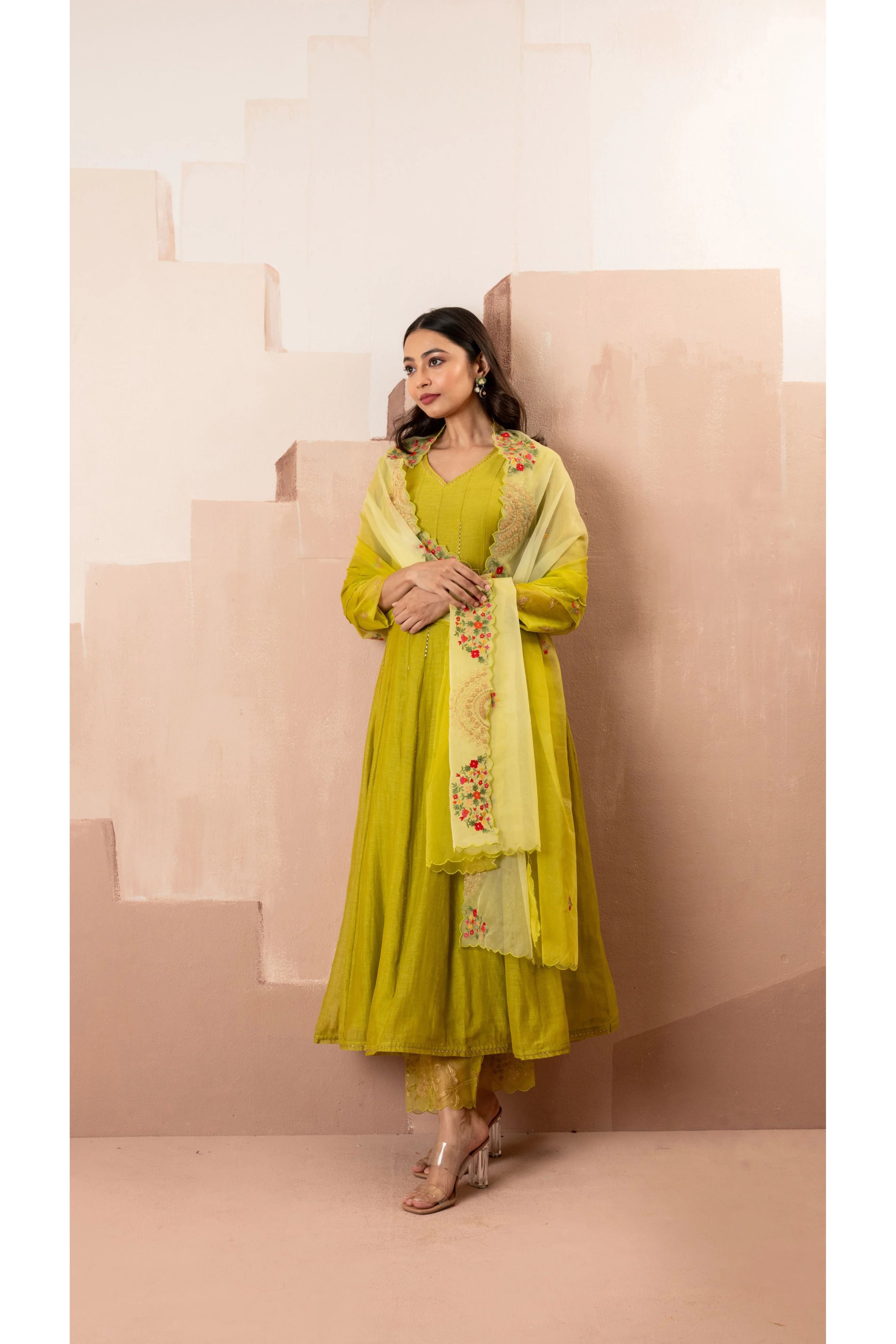 Lime Green Mul Chanderi Anarkali Set - Mokshaa