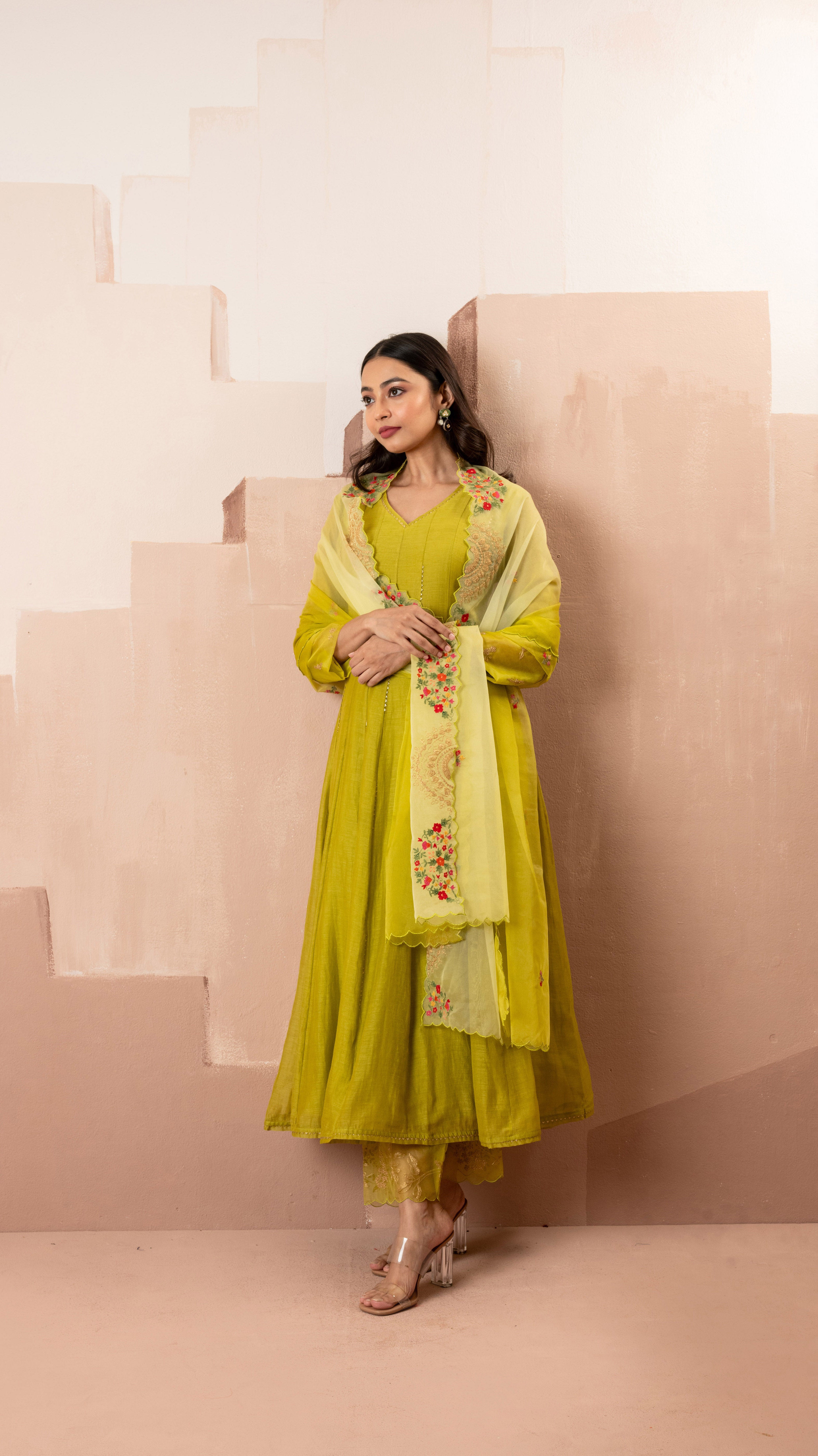 Lime Green Mul Chanderi Anarkali Set
