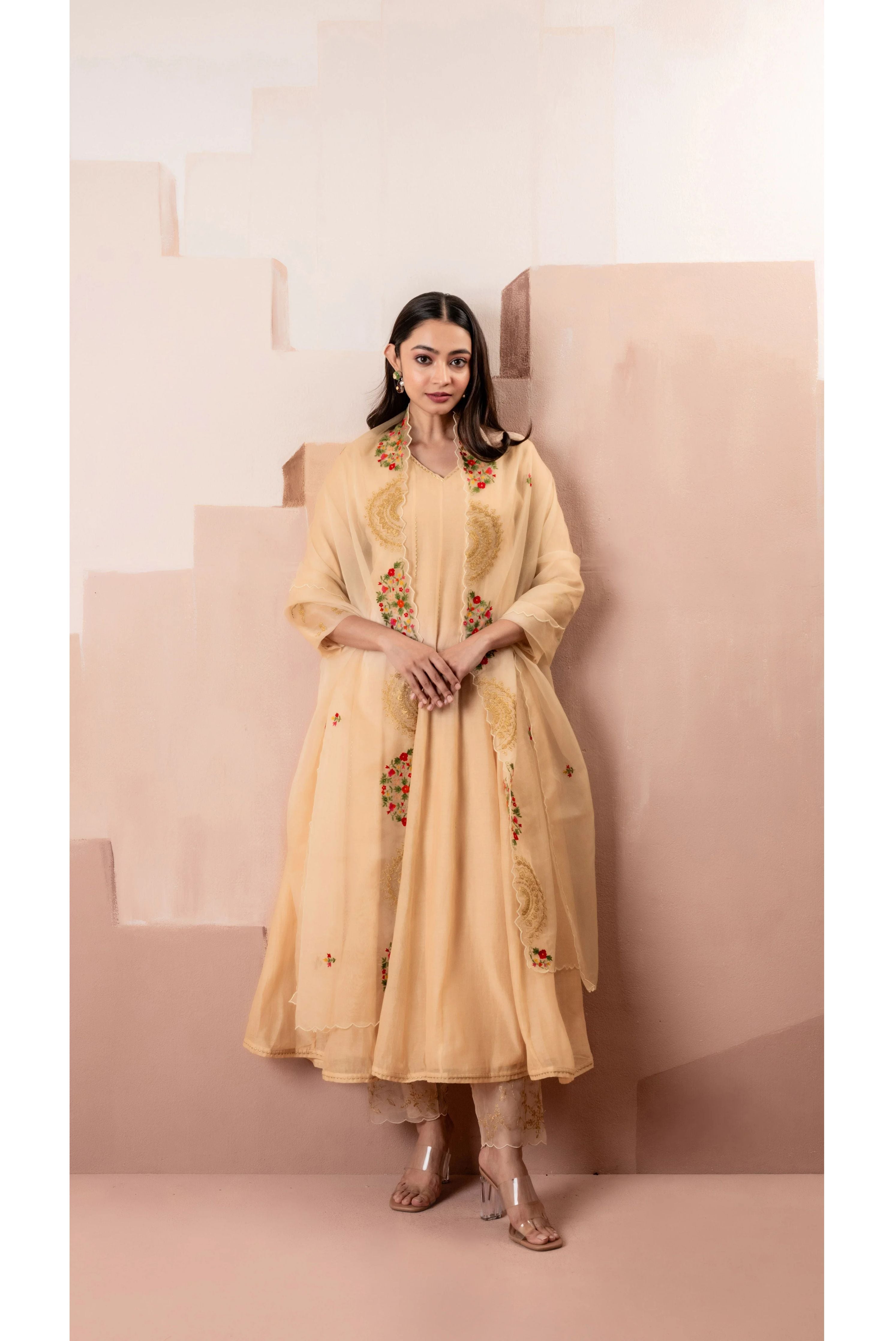 Peach Mul Chanderi Anarkali Set - Mokshaa
