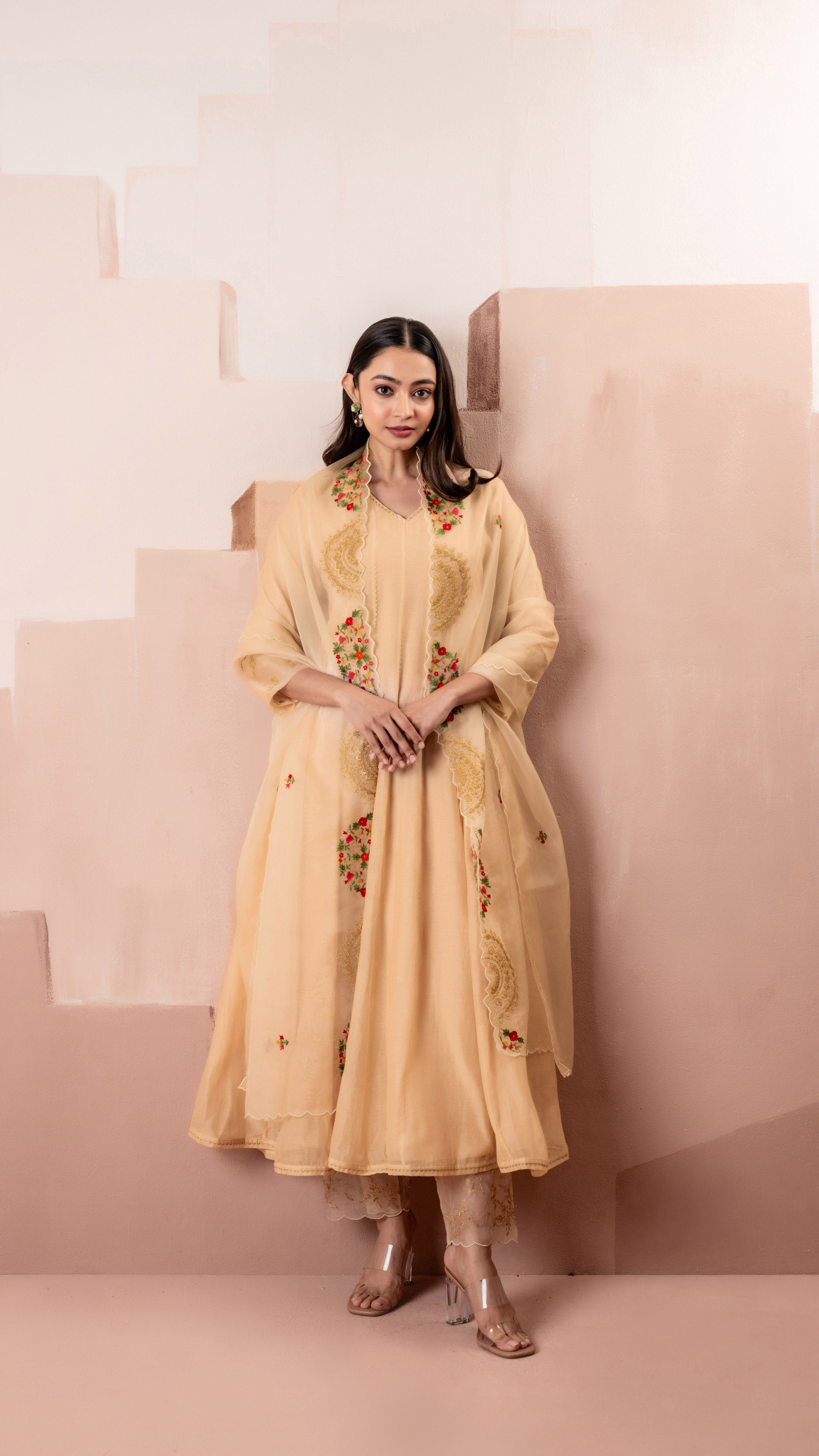 Peach Mul Chanderi Anarkali Set