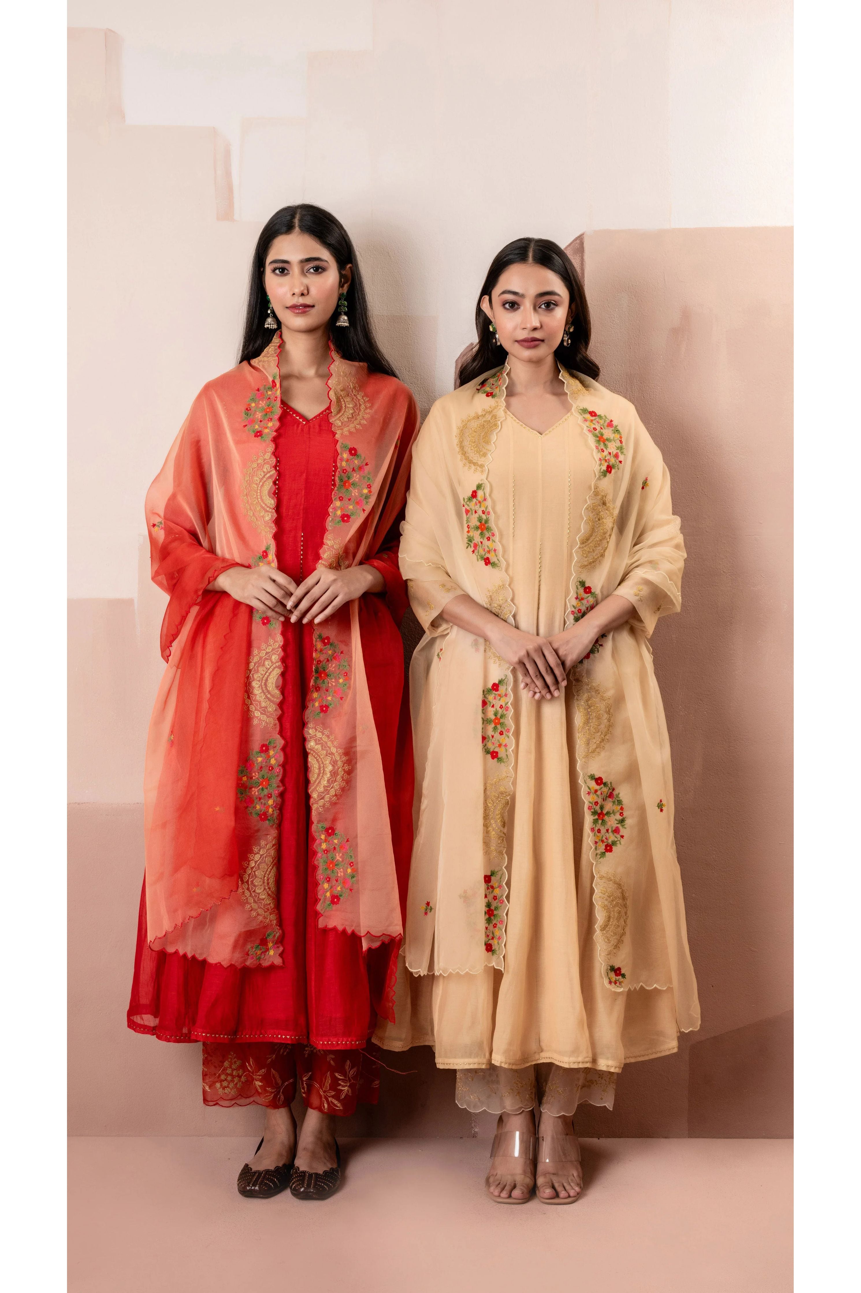 Peach Mul Chanderi Anarkali Set - Mokshaa