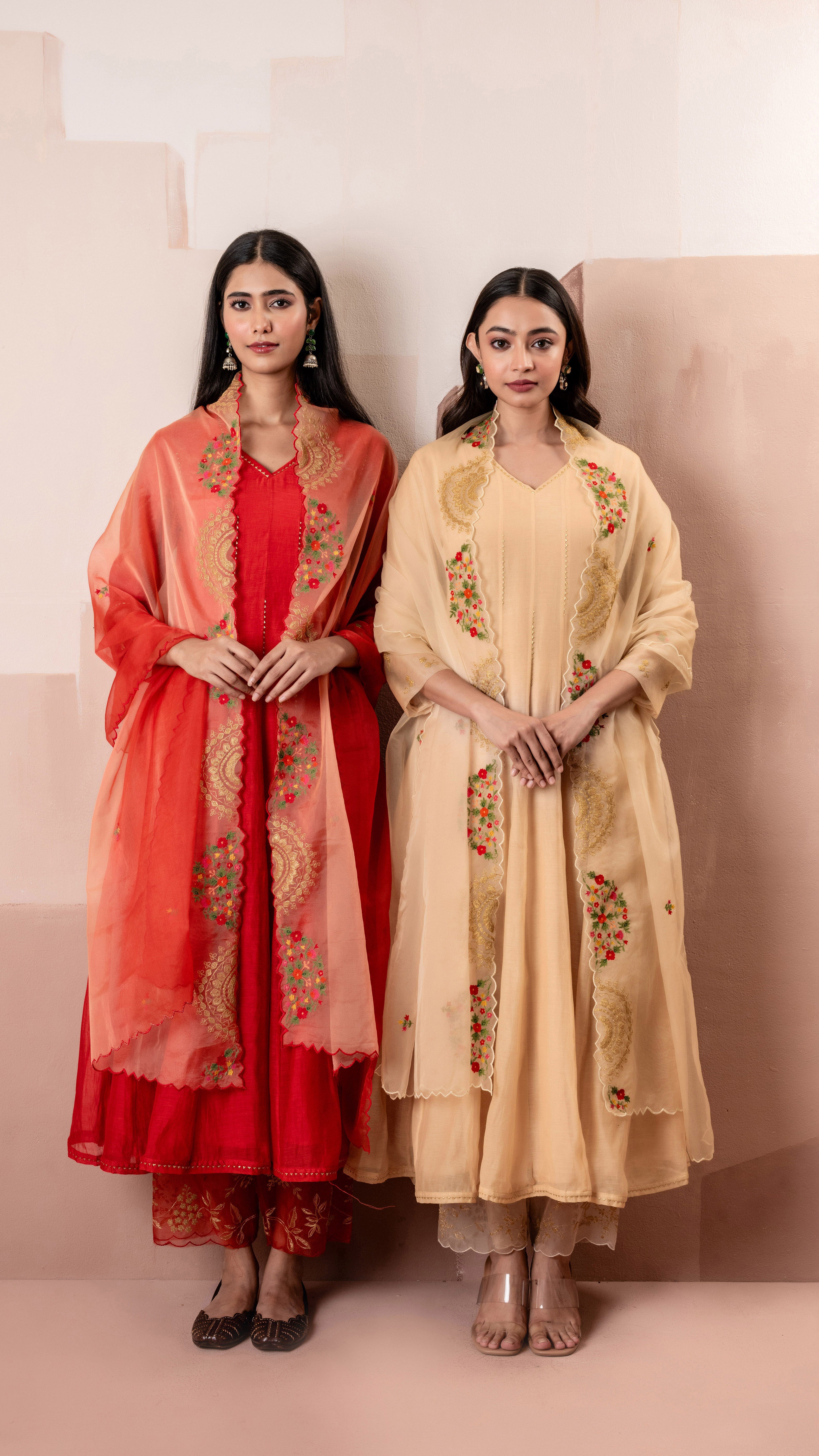 Peach Mul Chanderi Anarkali Set