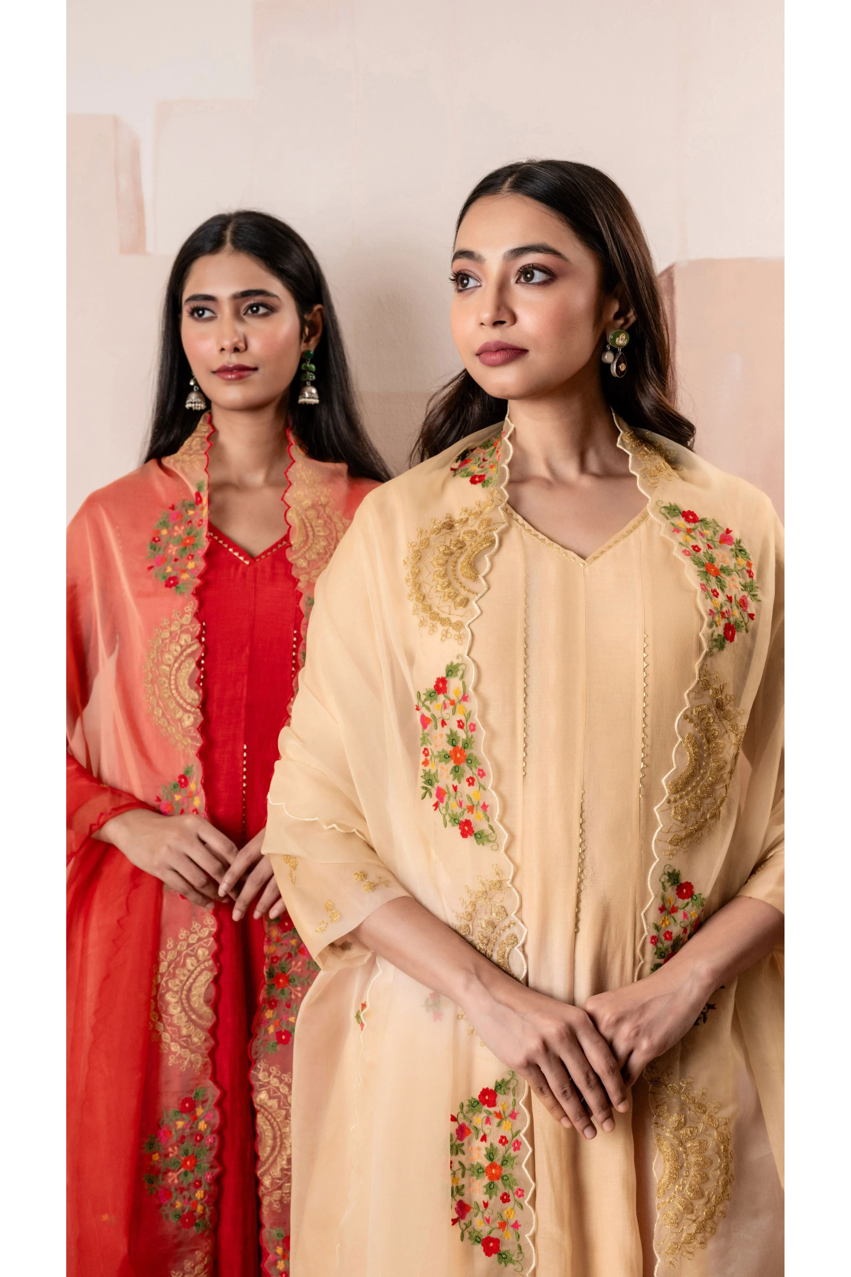 Peach Mul Chanderi Anarkali Set - Mokshaa