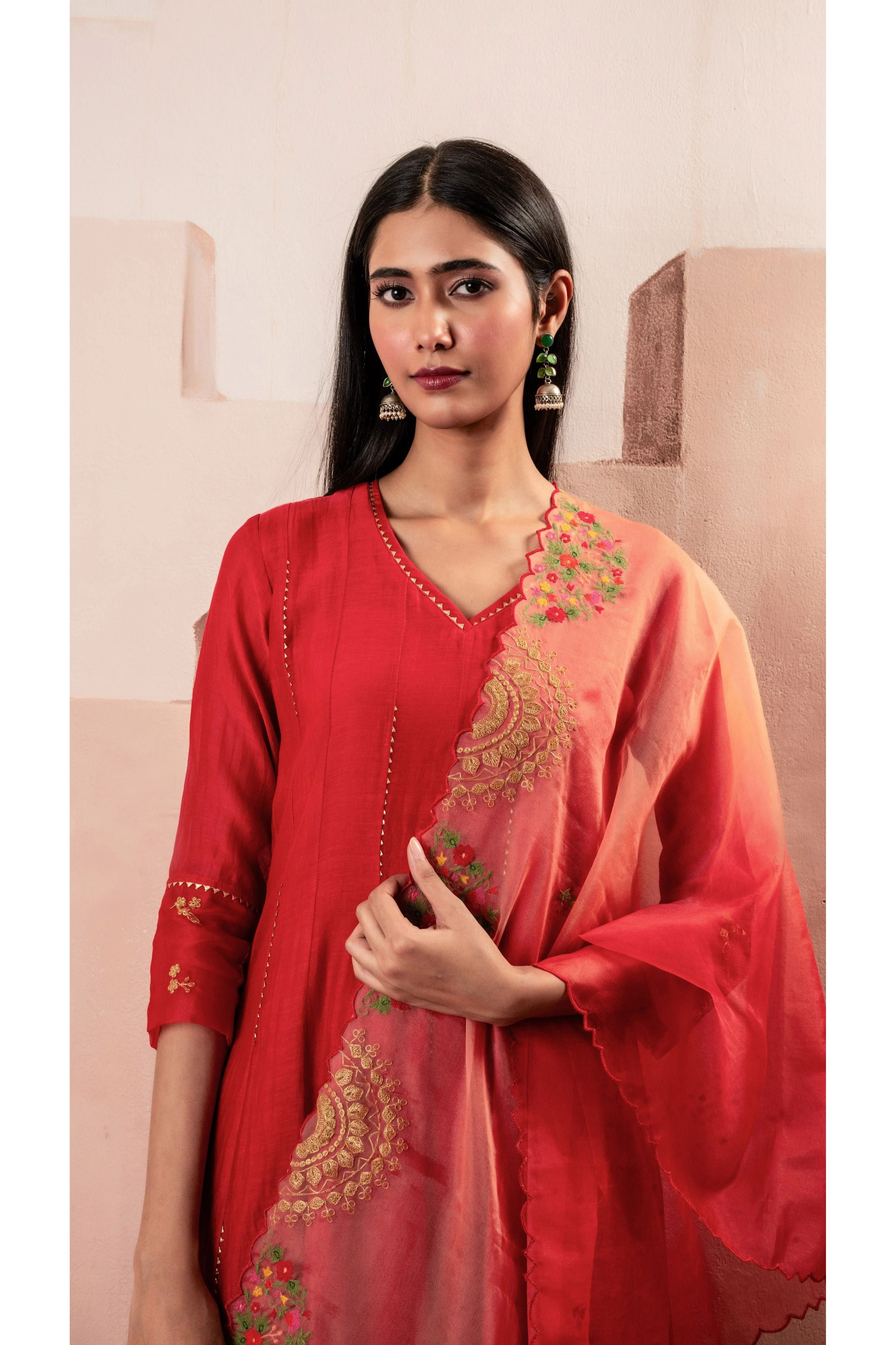 Red Mul Chanderi Anarkali Set - Mokshaa