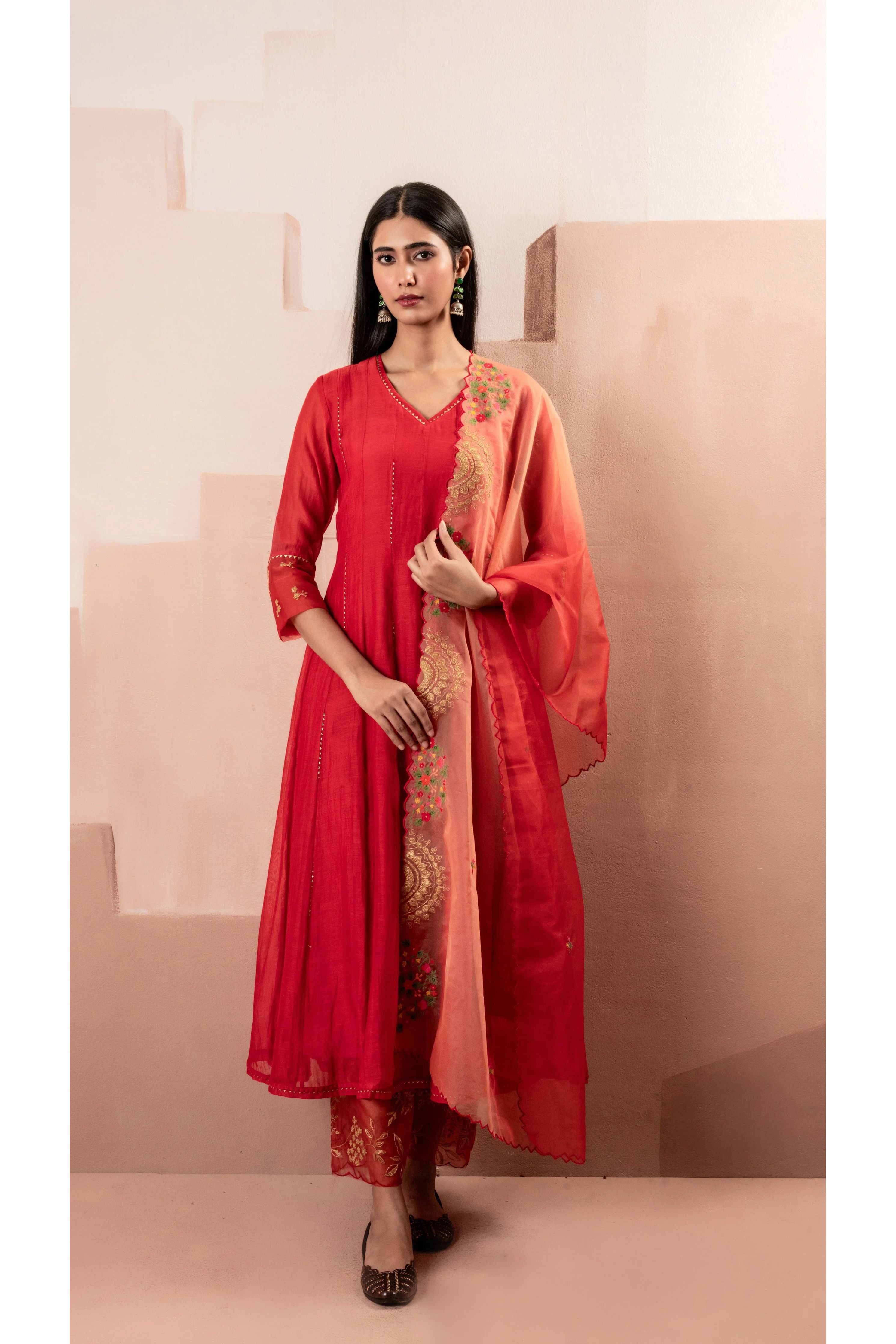 Red Mul Chanderi Anarkali Set - Mokshaa