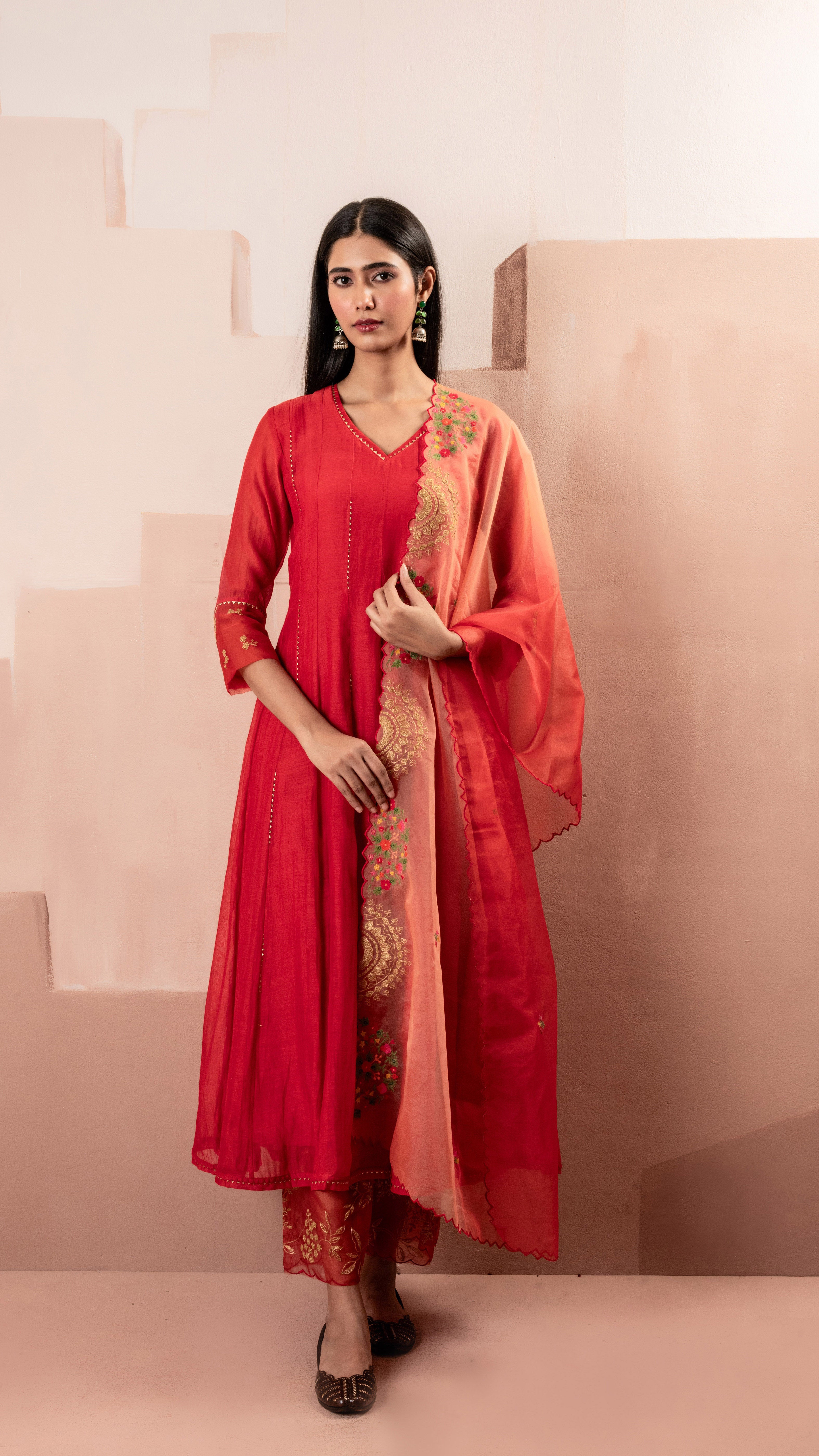 Red Mul Chanderi Anarkali Set