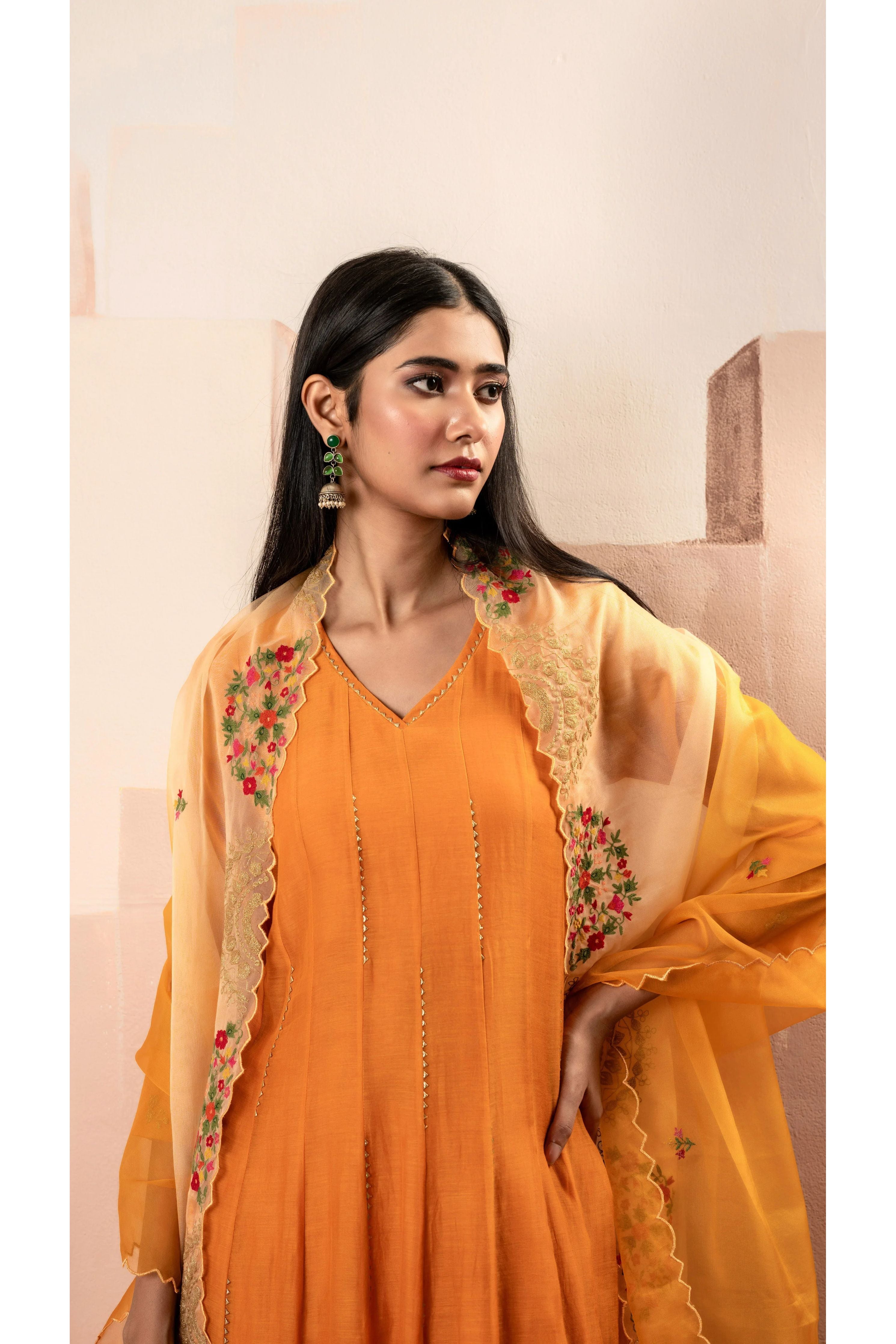 Rust Mul Chanderi Anarkali Set - Mokshaa