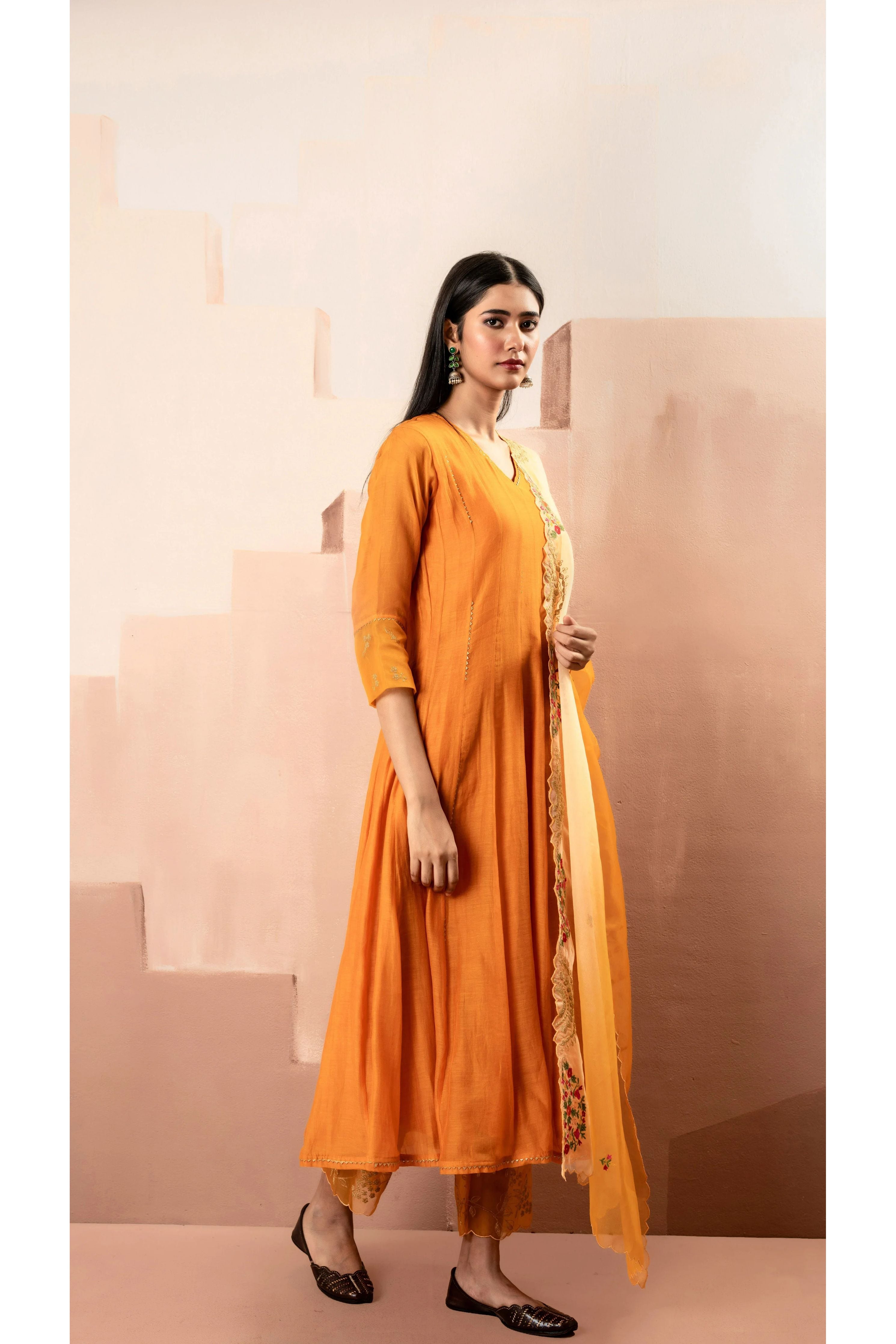 Rust Mul Chanderi Anarkali Set - Mokshaa