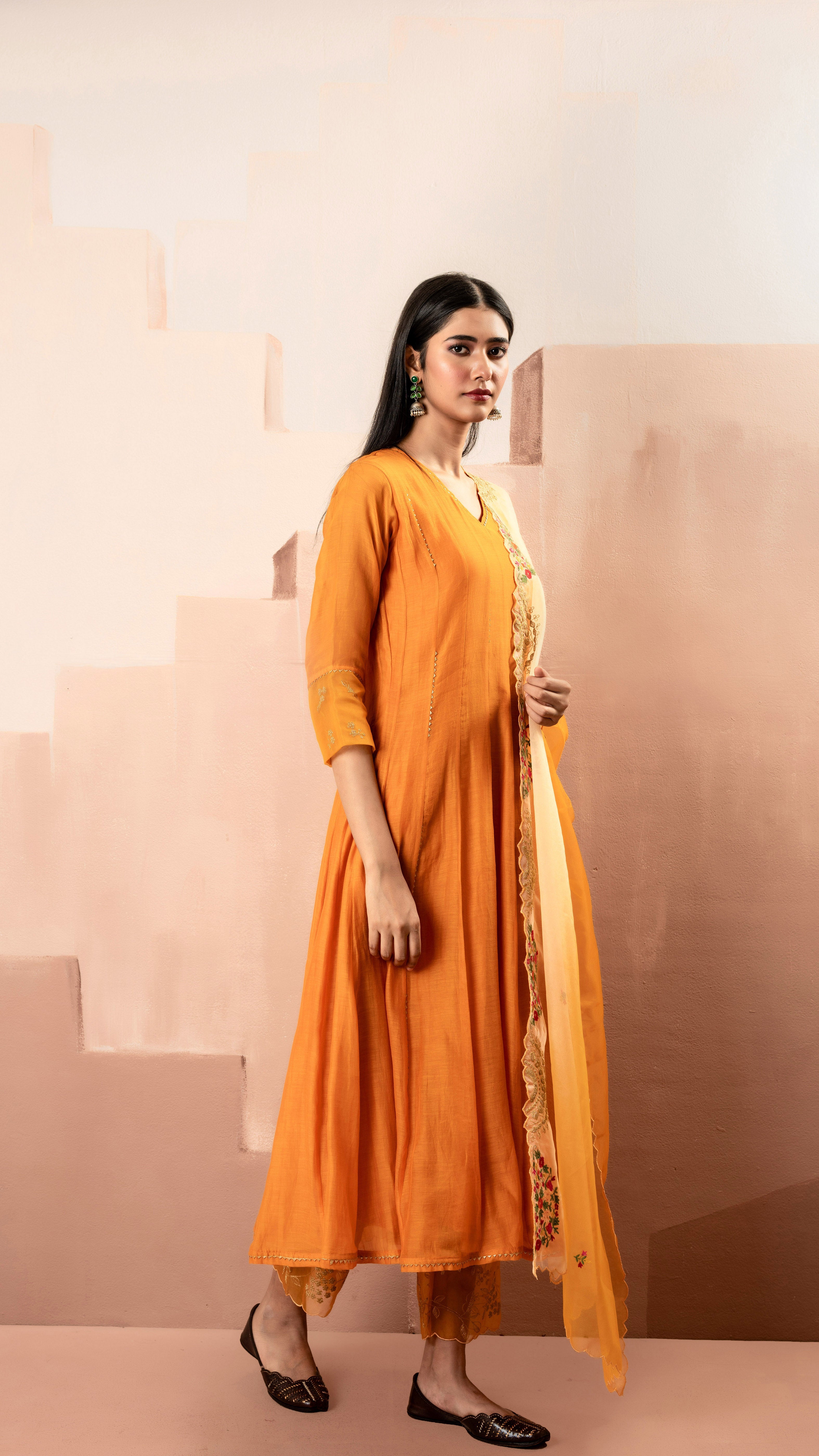 Rust Mul Chanderi Anarkali Set