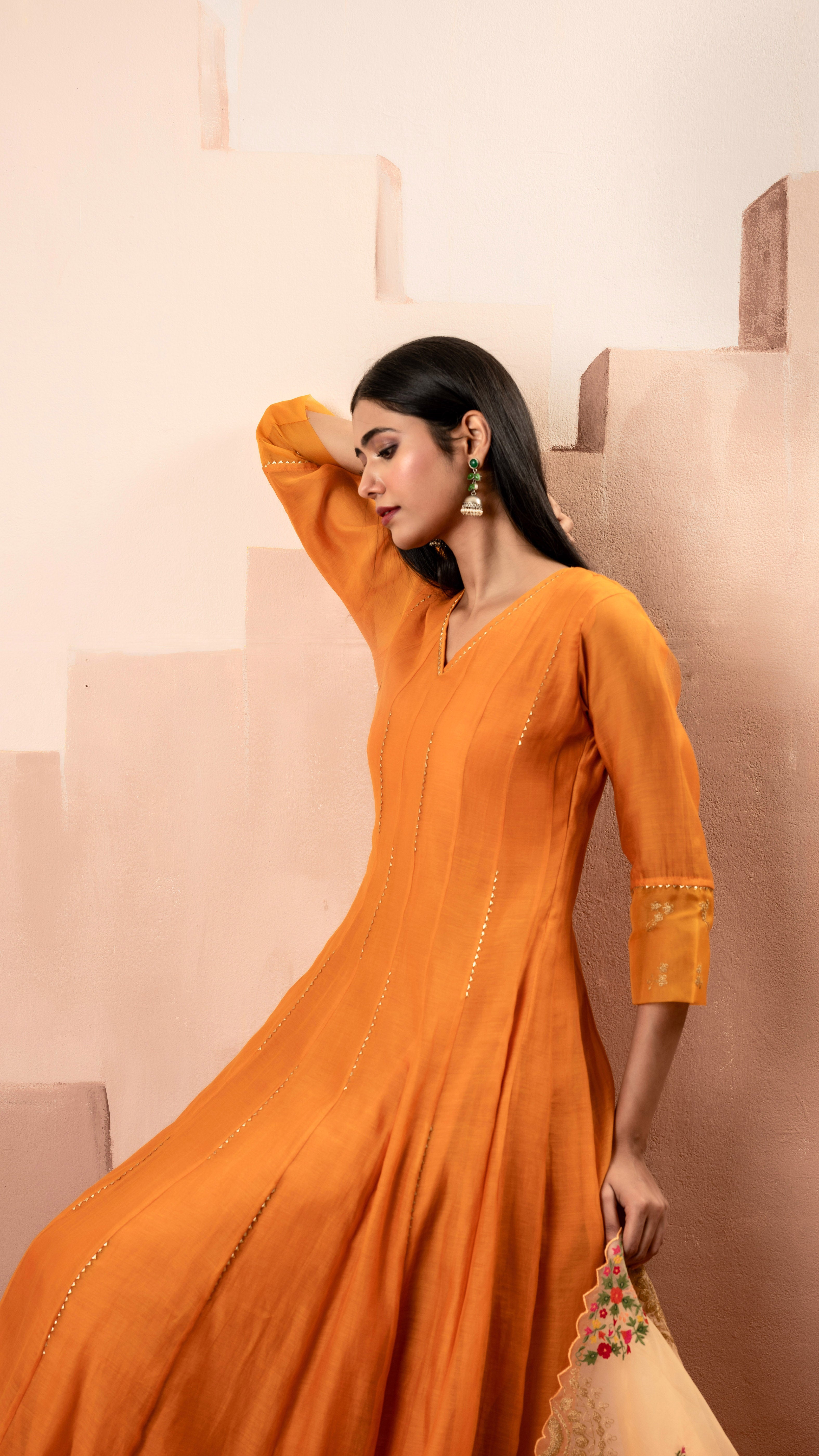 Rust Mul Chanderi Anarkali Set