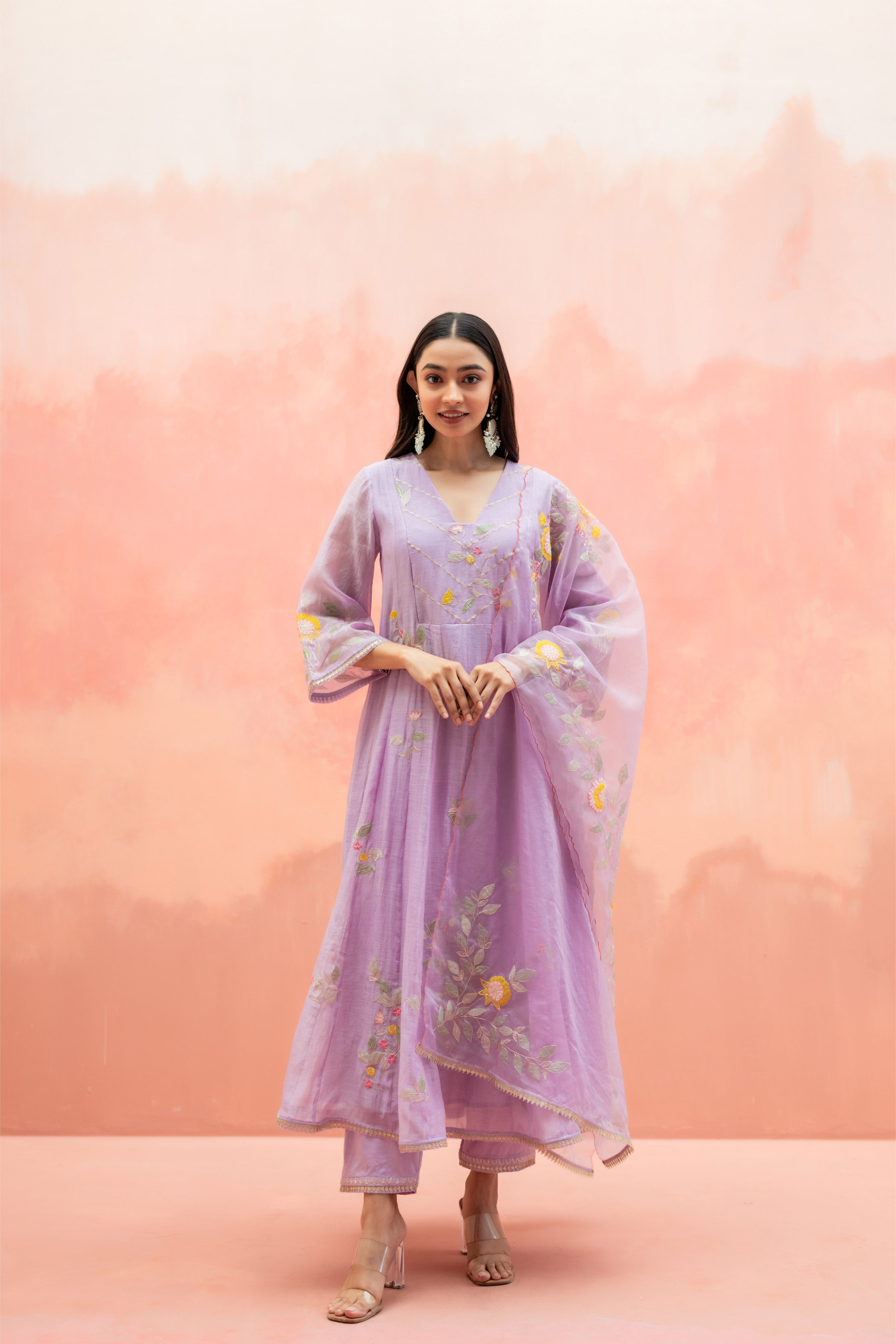 Lavender Mul Cotton Anarkali Set with Organza Dupatta