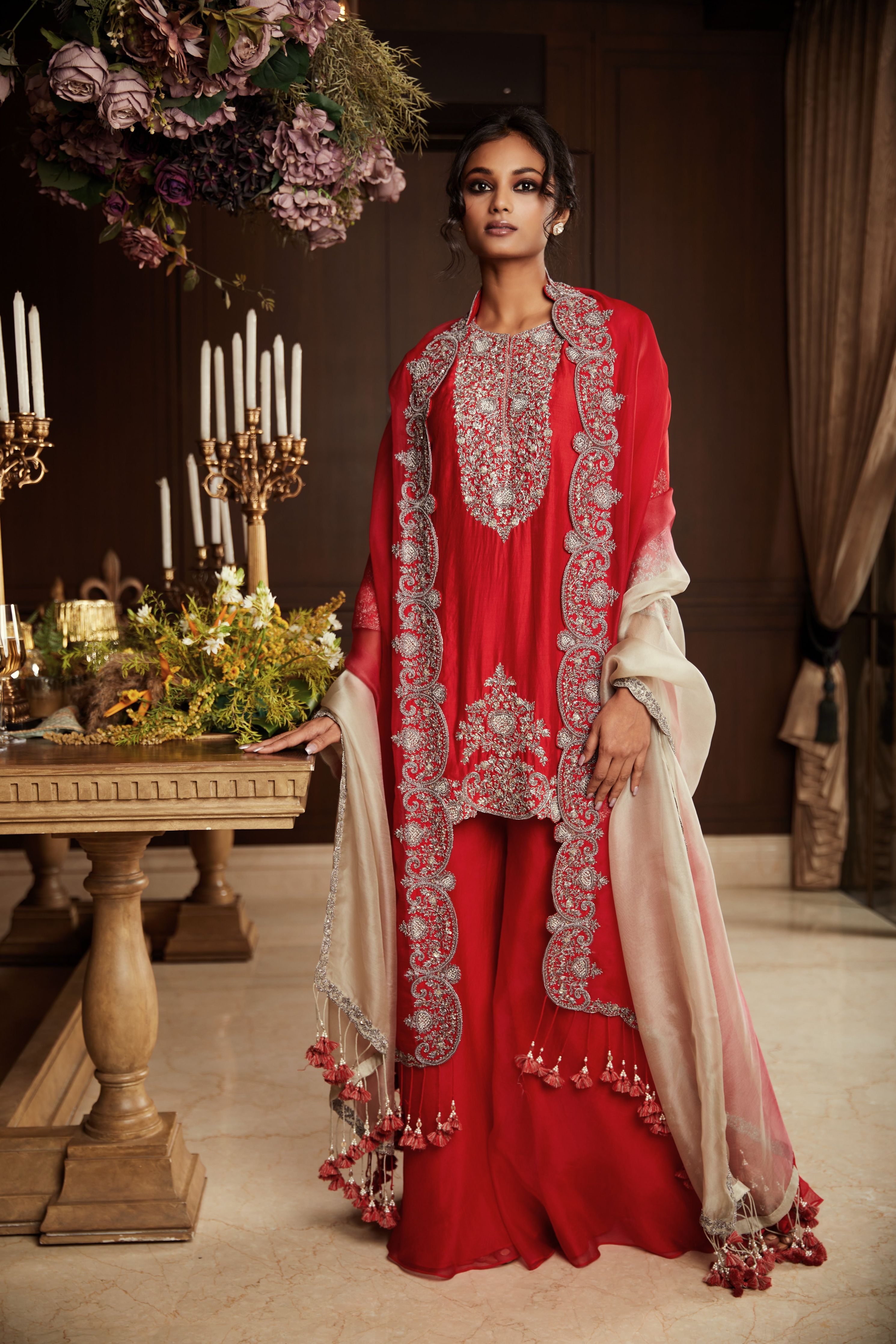 Red silk kurta with organza sharara and dupatta  Mokshaa