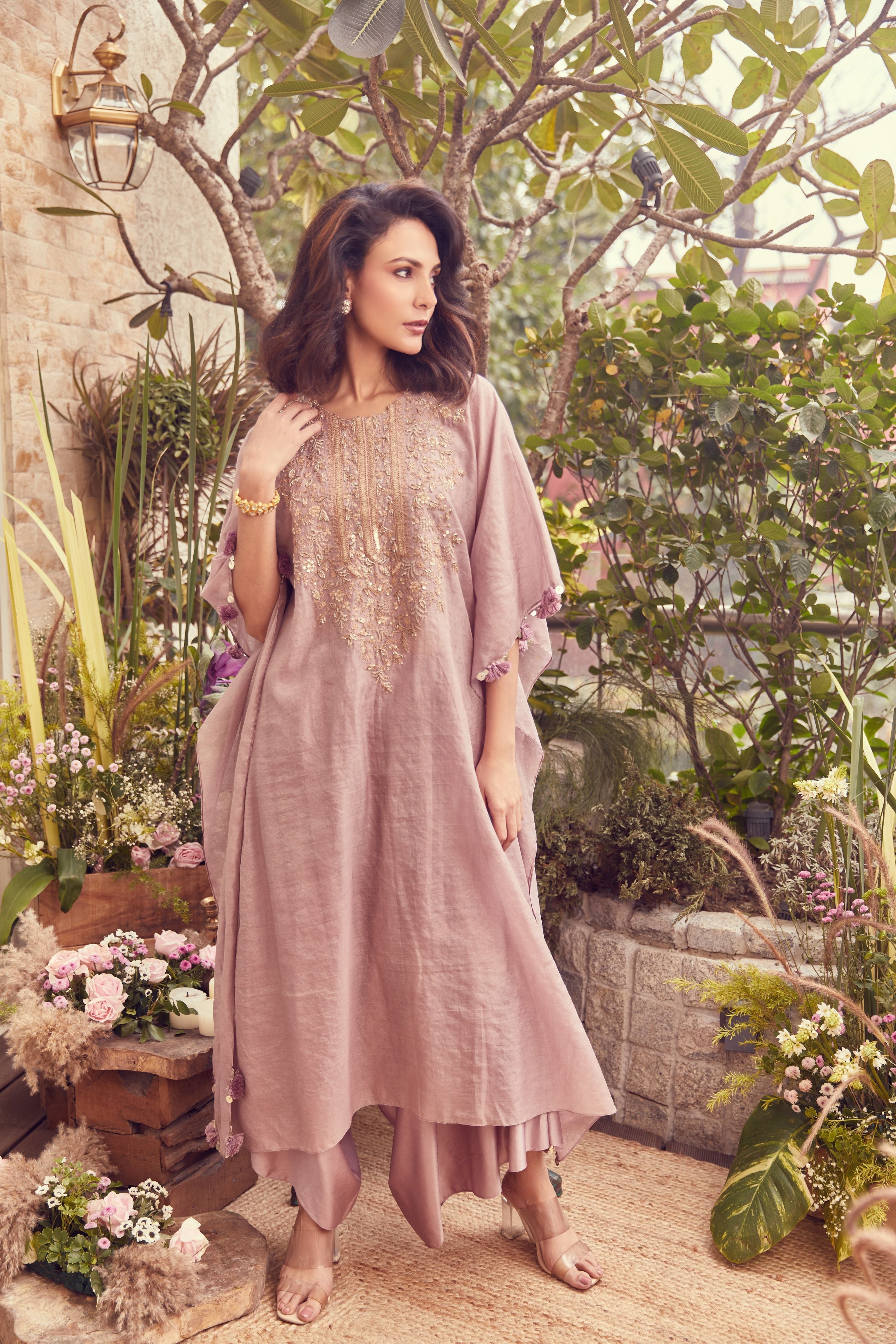 Lavender tissue chanderi kaftaan with cotton satin pants  Mokshaa