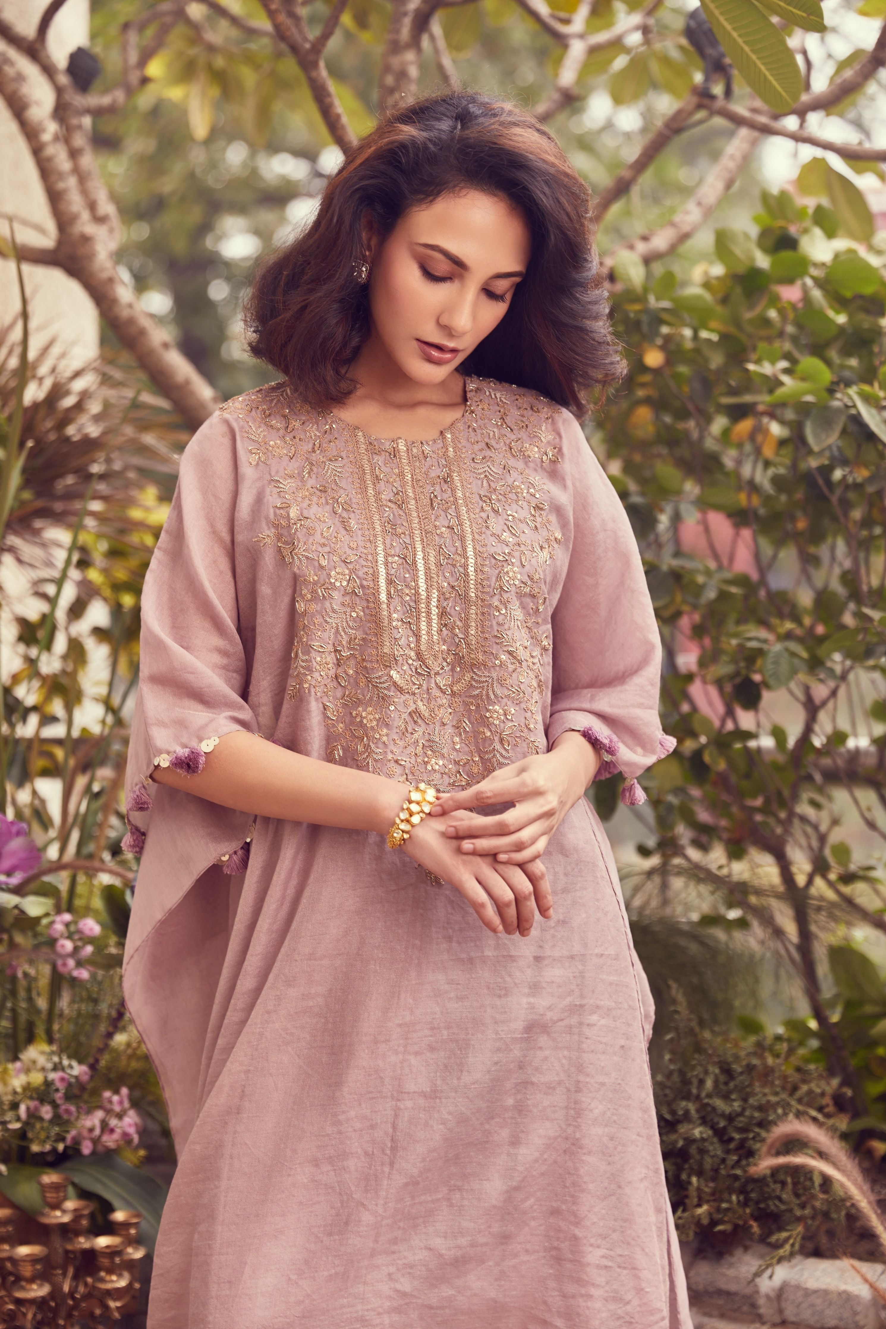 Lavender tissue chanderi kaftaan with cotton satin pants  Mokshaa