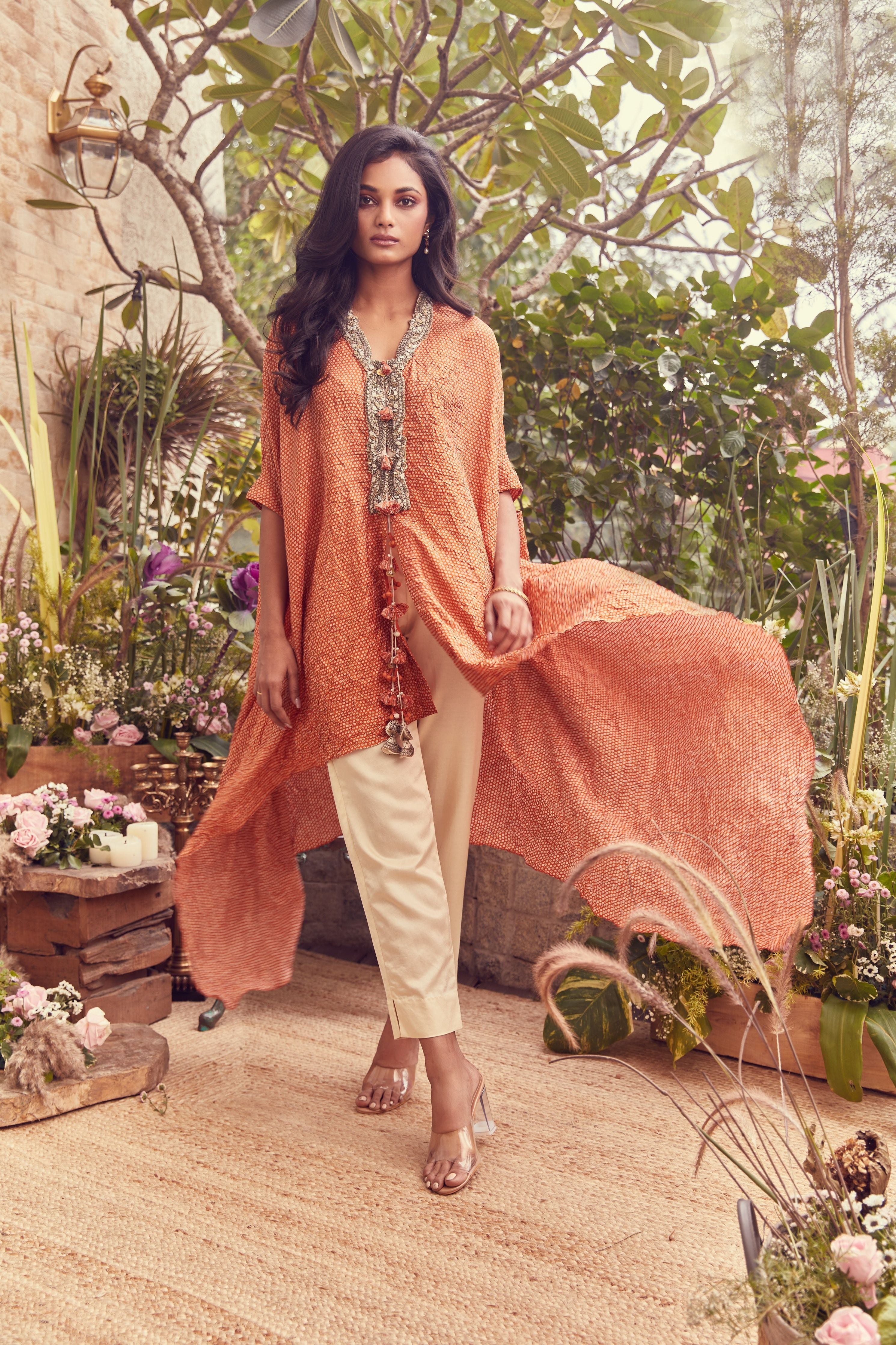 Orange bandhej crushed kaftaan with cotton satin pants  Mokshaa