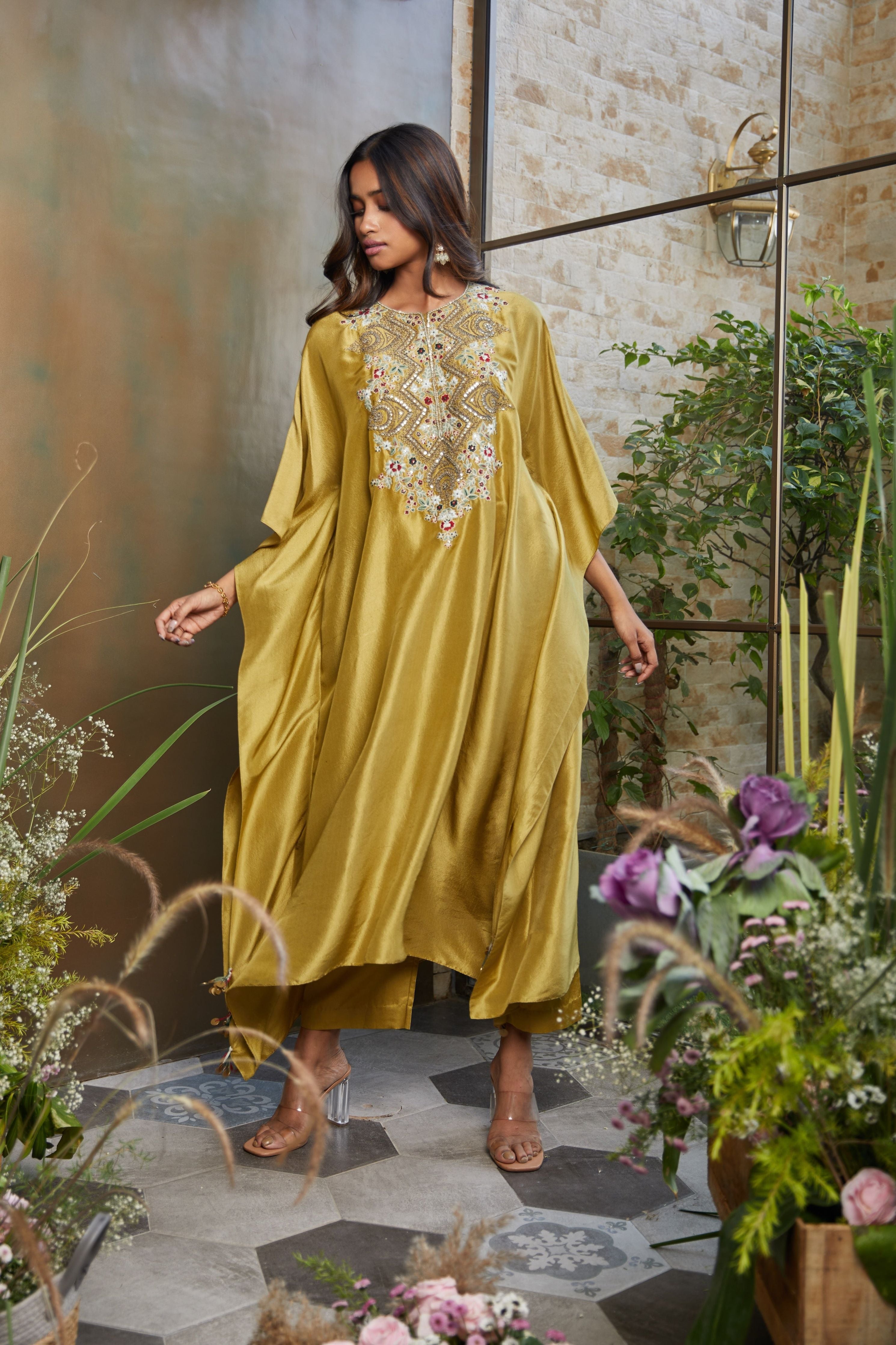 Olive silk kaftaan with cotton satin straight pants  Mokshaa