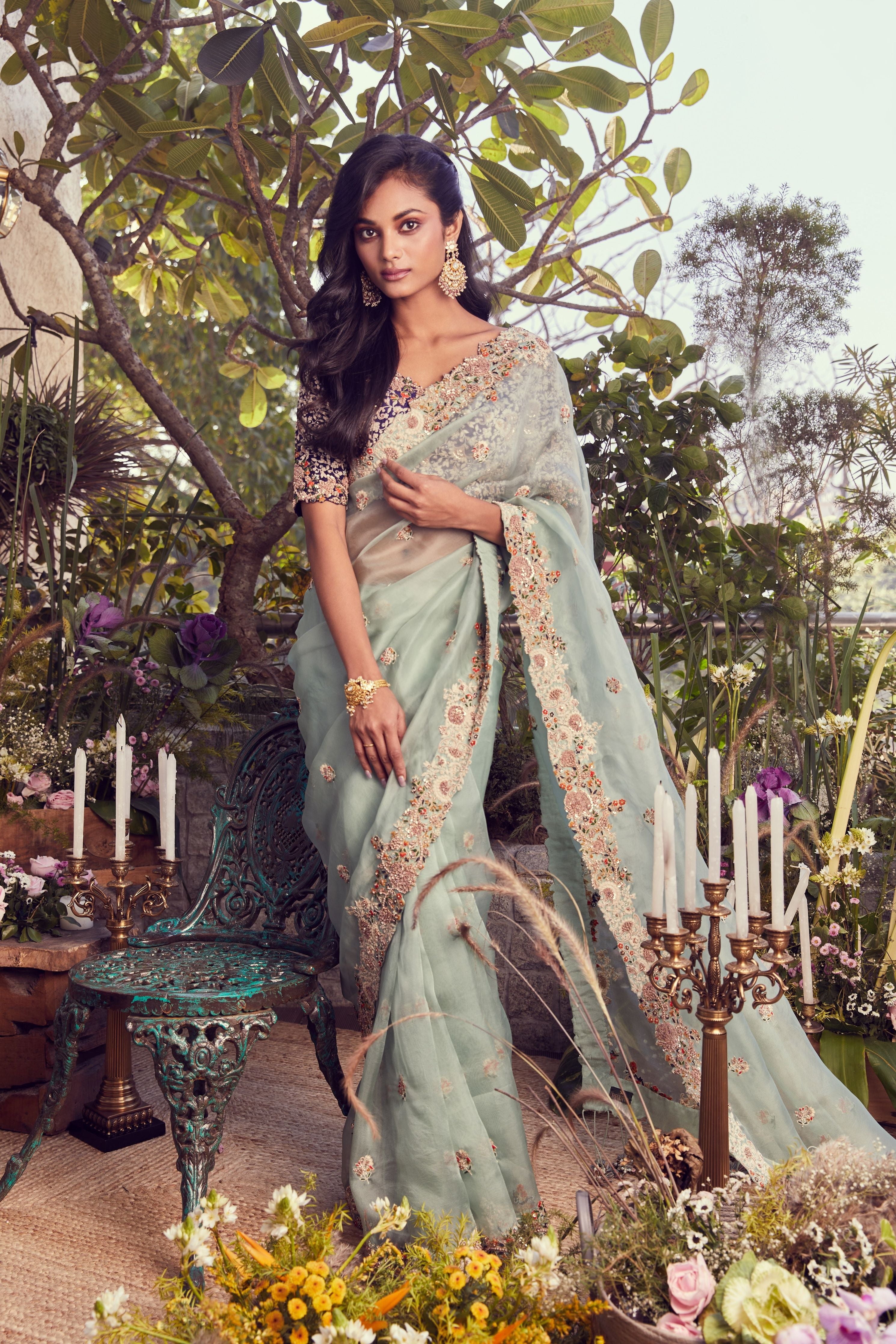 Aqua Organza Saree with Silk Blouse  Mokshaa