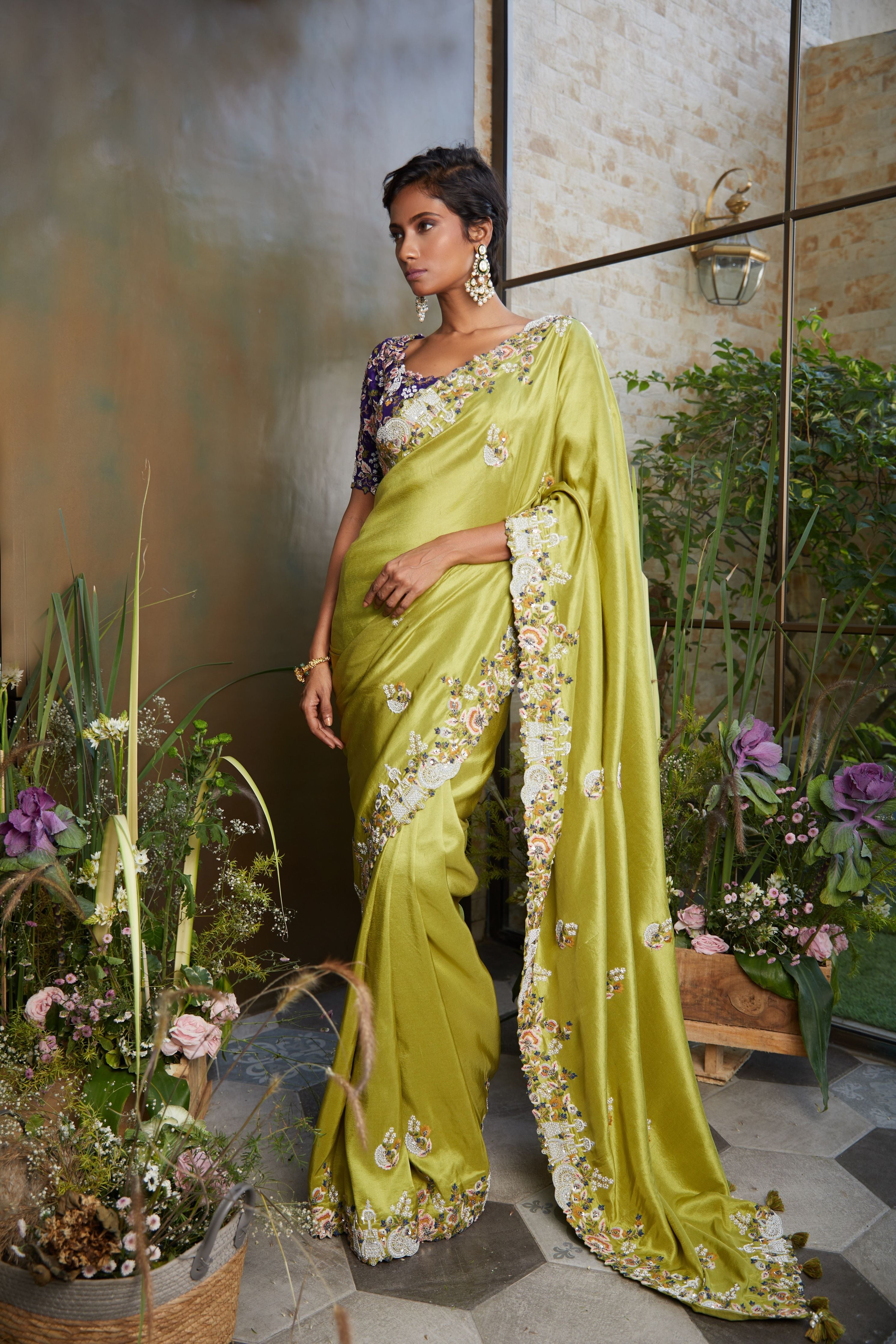 Lime Green Silk Saree with Purple Blouse  Mokshaa