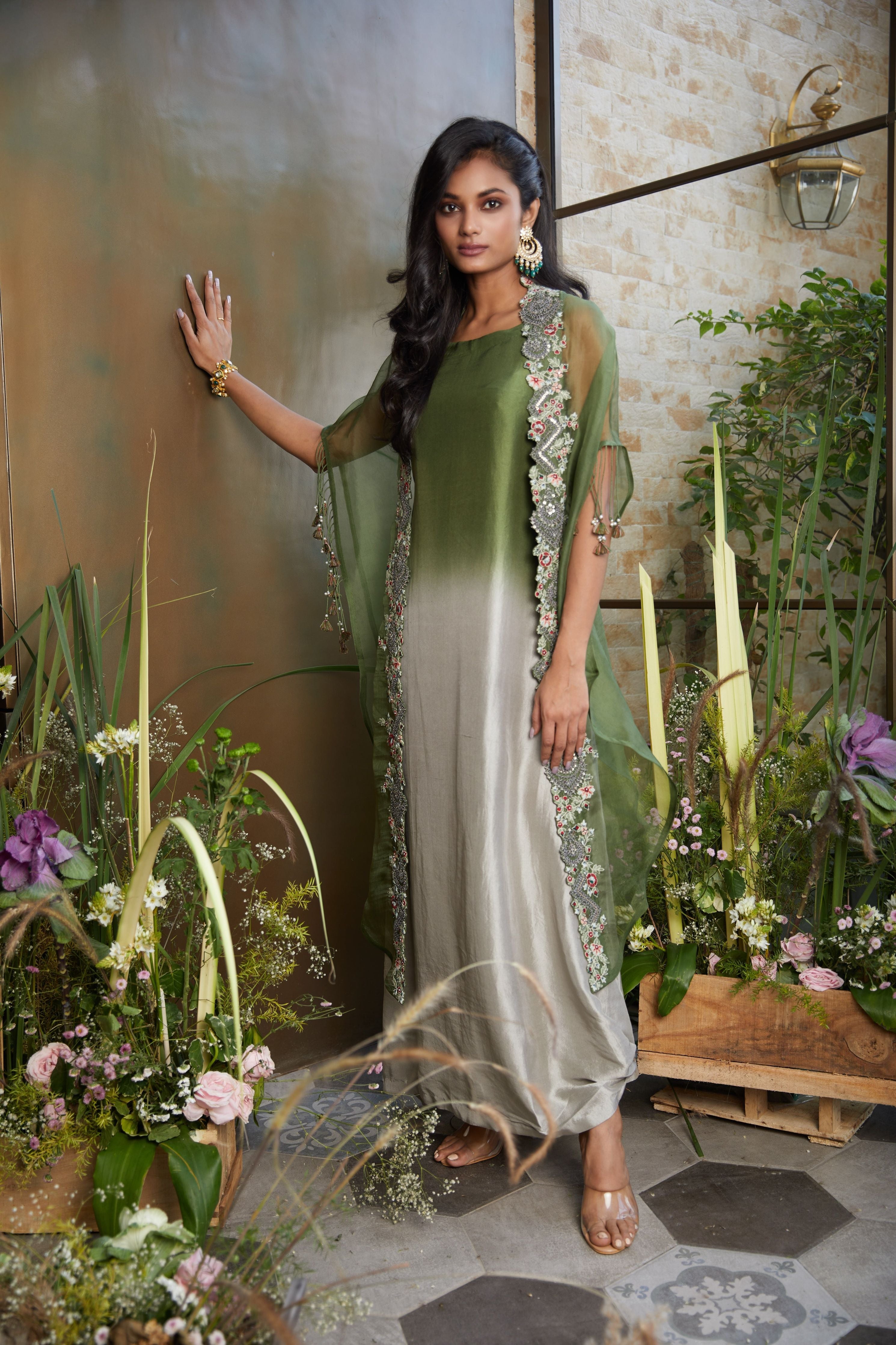 Ombre silk long dress with organza cape  Mokshaa