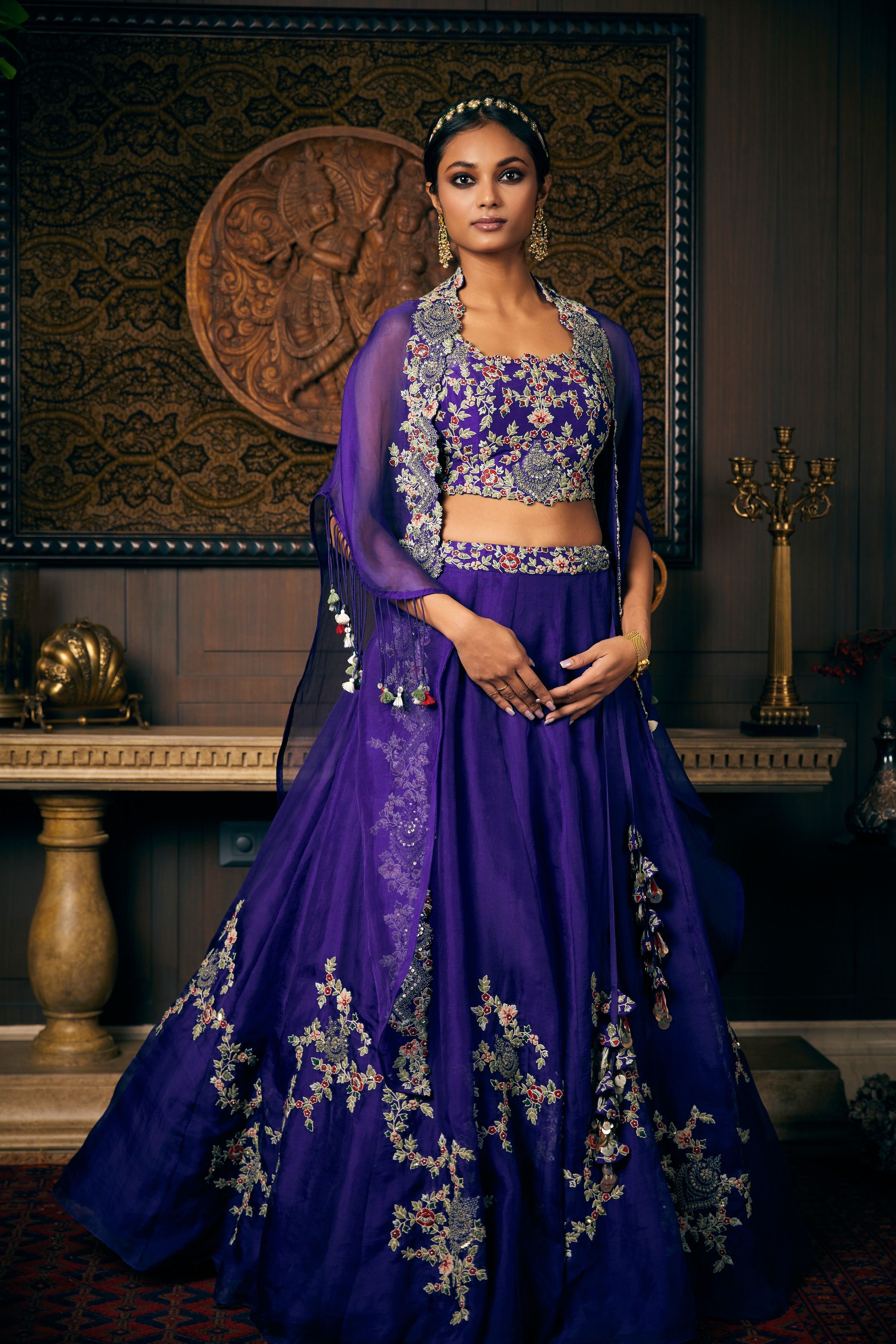 Dark aubergine organza lehenga and organza cape with silk blouse  Mokshaa