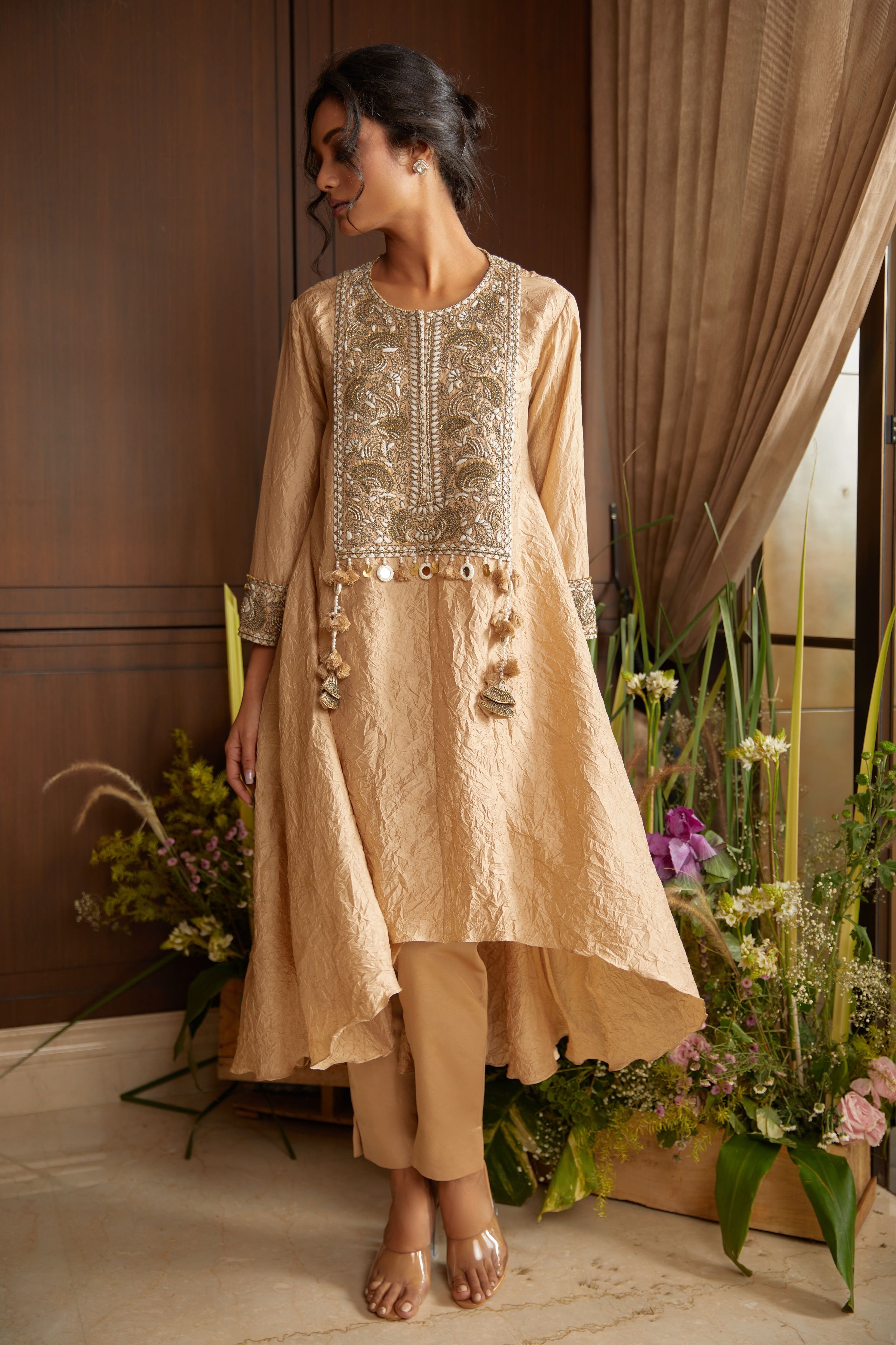 Beige crushed silk kurta and cotton satin narrow pants  Mokshaa