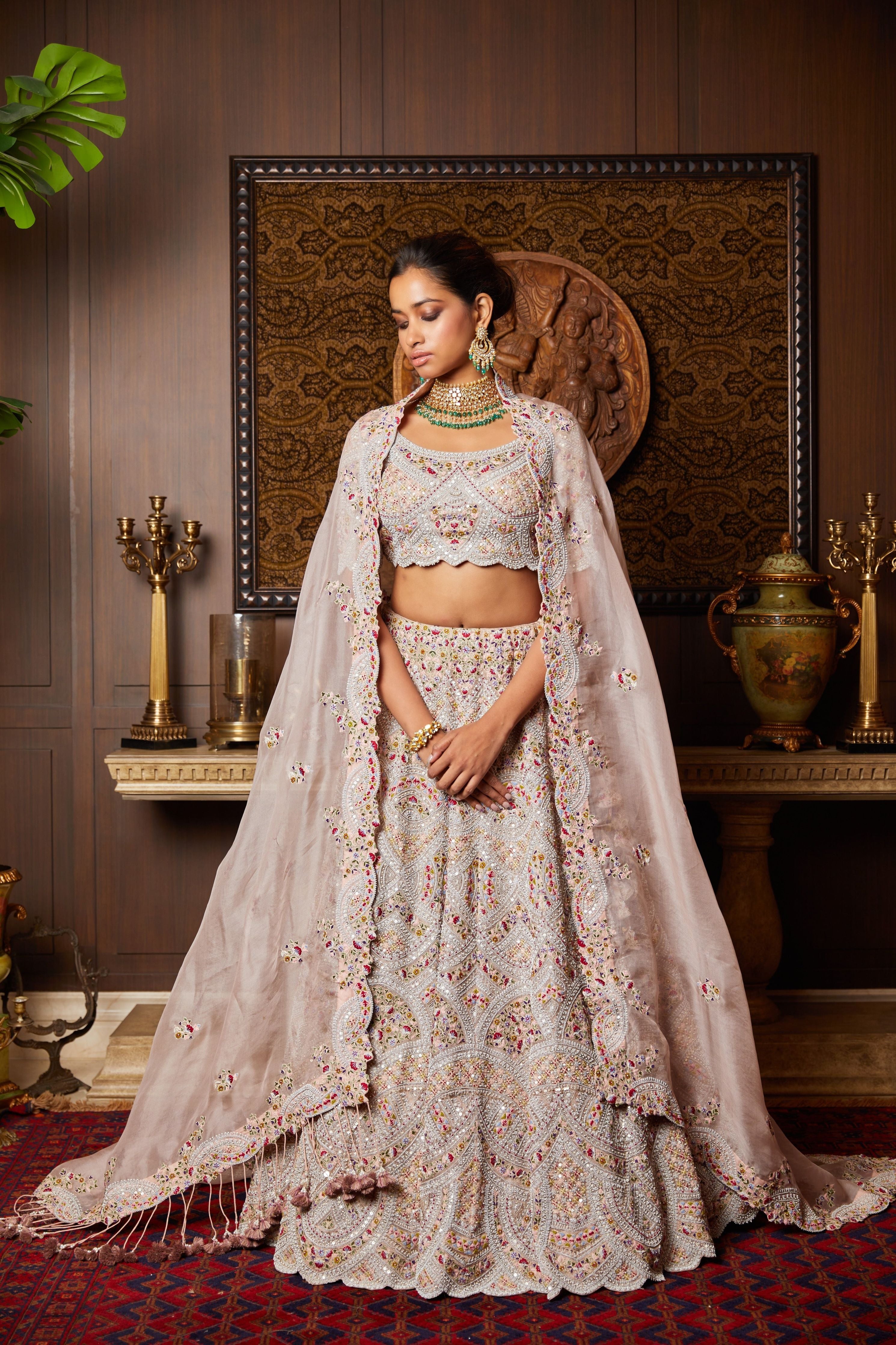 Tissue lehenga and blouse with organza dupatta  Mokshaa