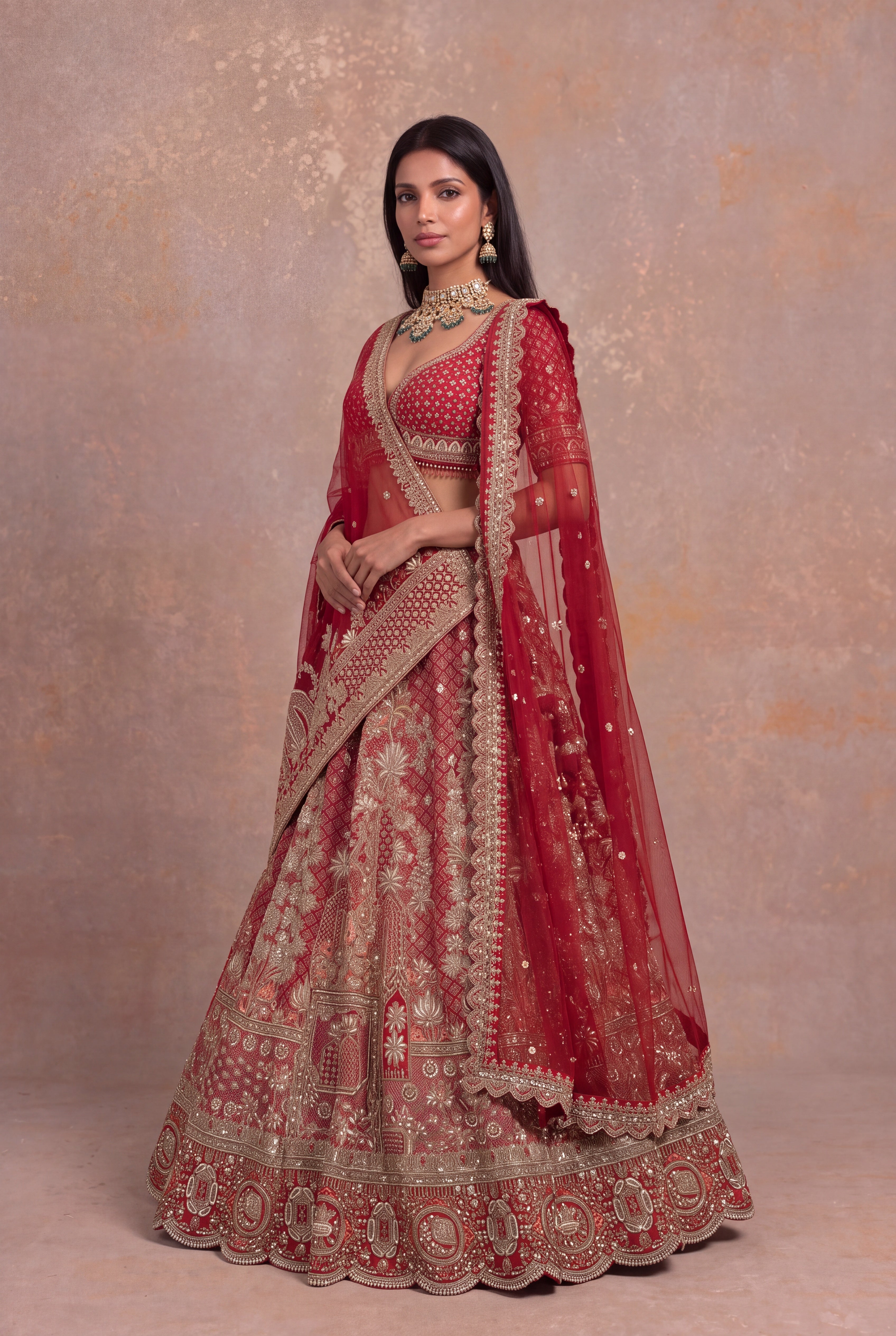 Red Silk Bridal Lehenga with Zardozi Jaal & Palace Motifs