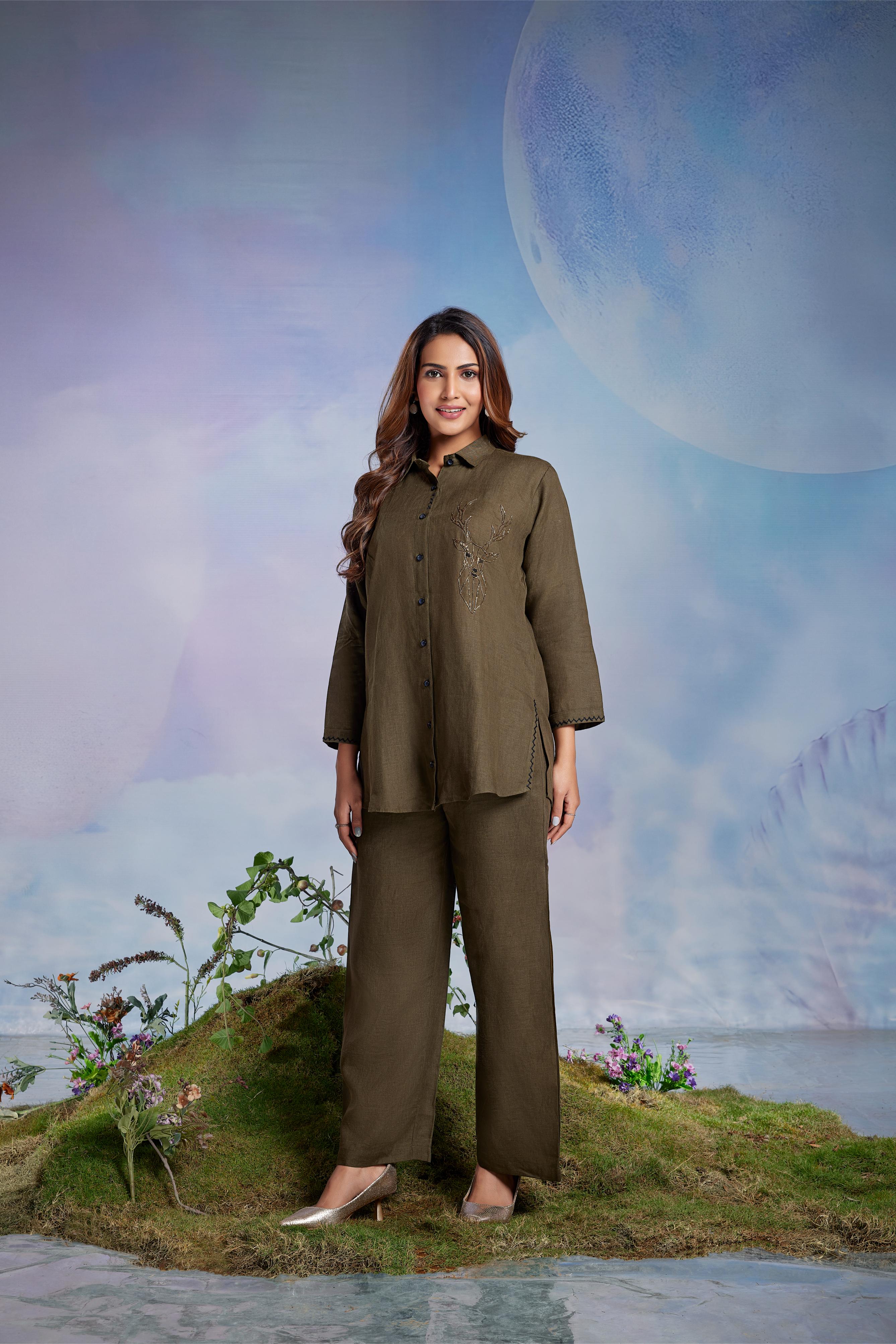 Olive Green Embroidered Co-Ord Set