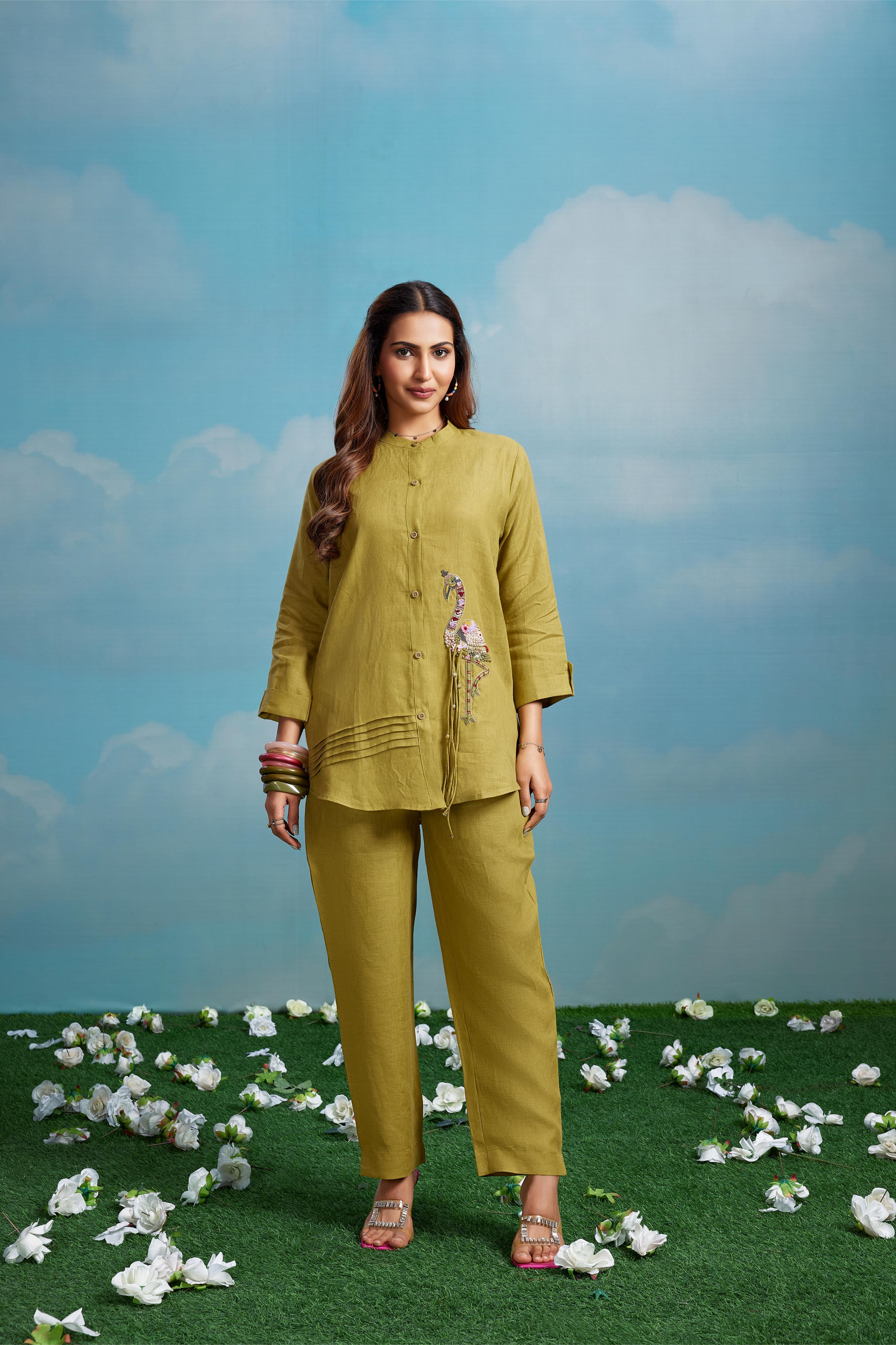 Mustard Bird Embroidered Co-Ord Set