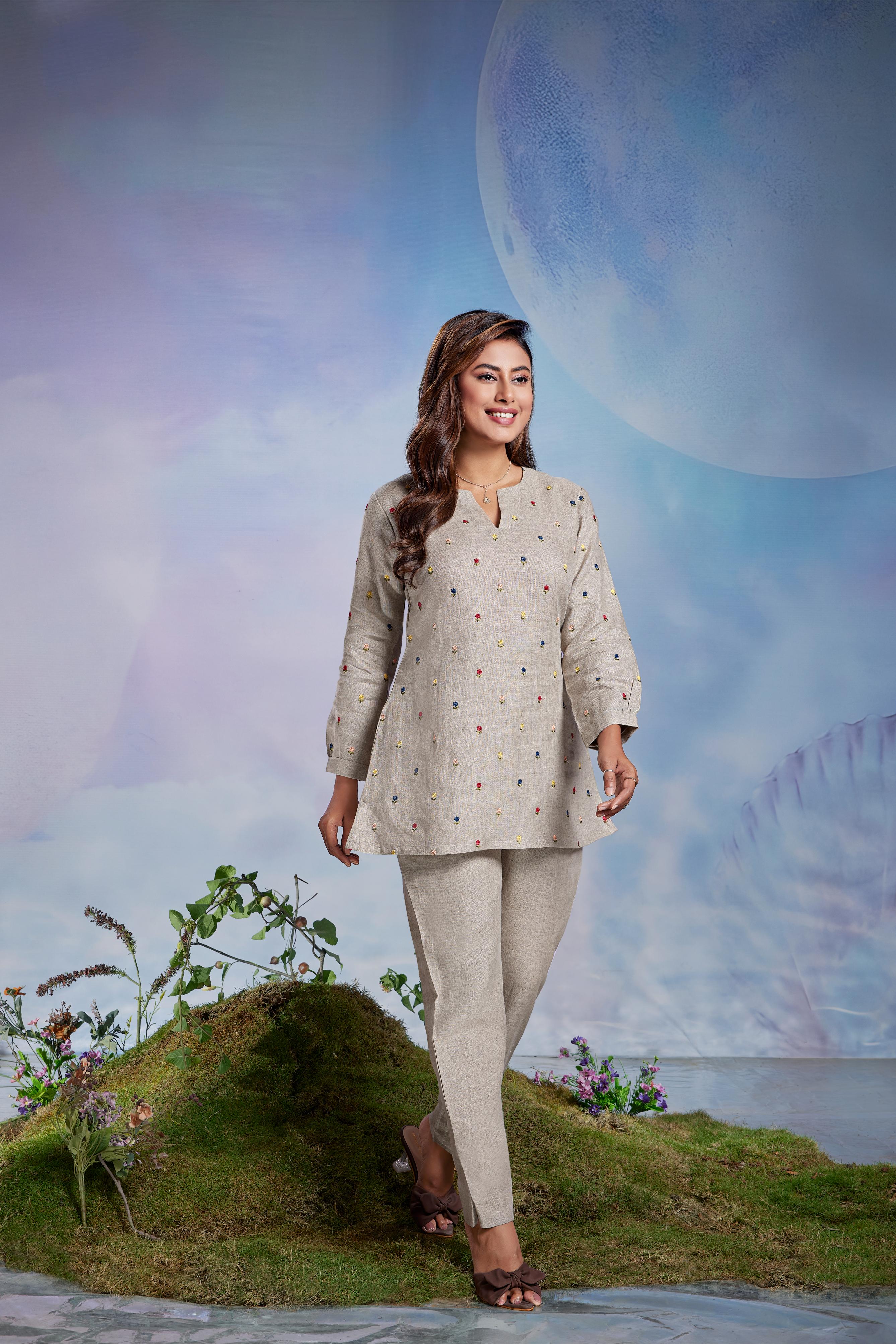 Natural Beige Embroidered Co-Ord Set