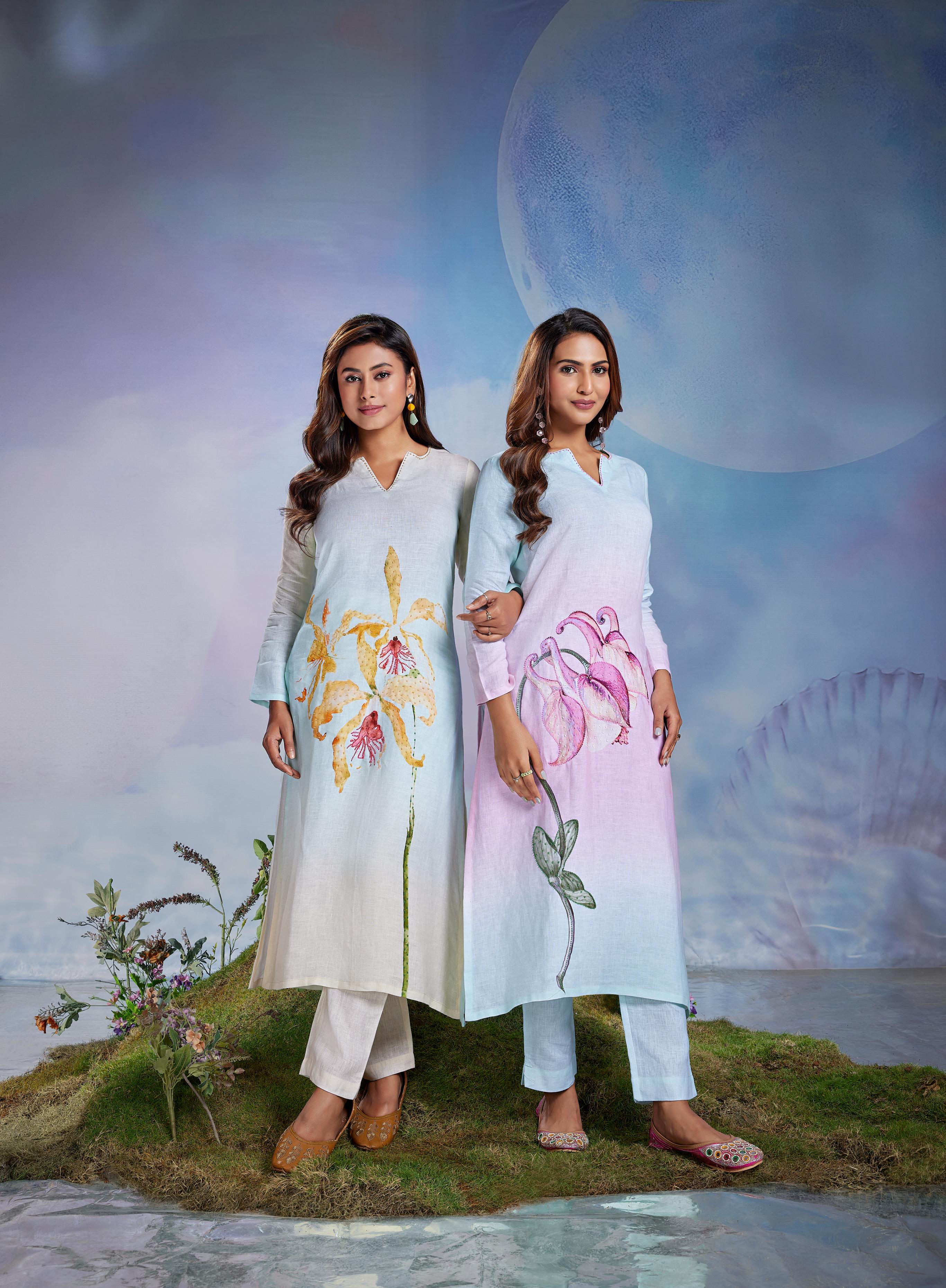 Mint Floral Linen Kurta Set