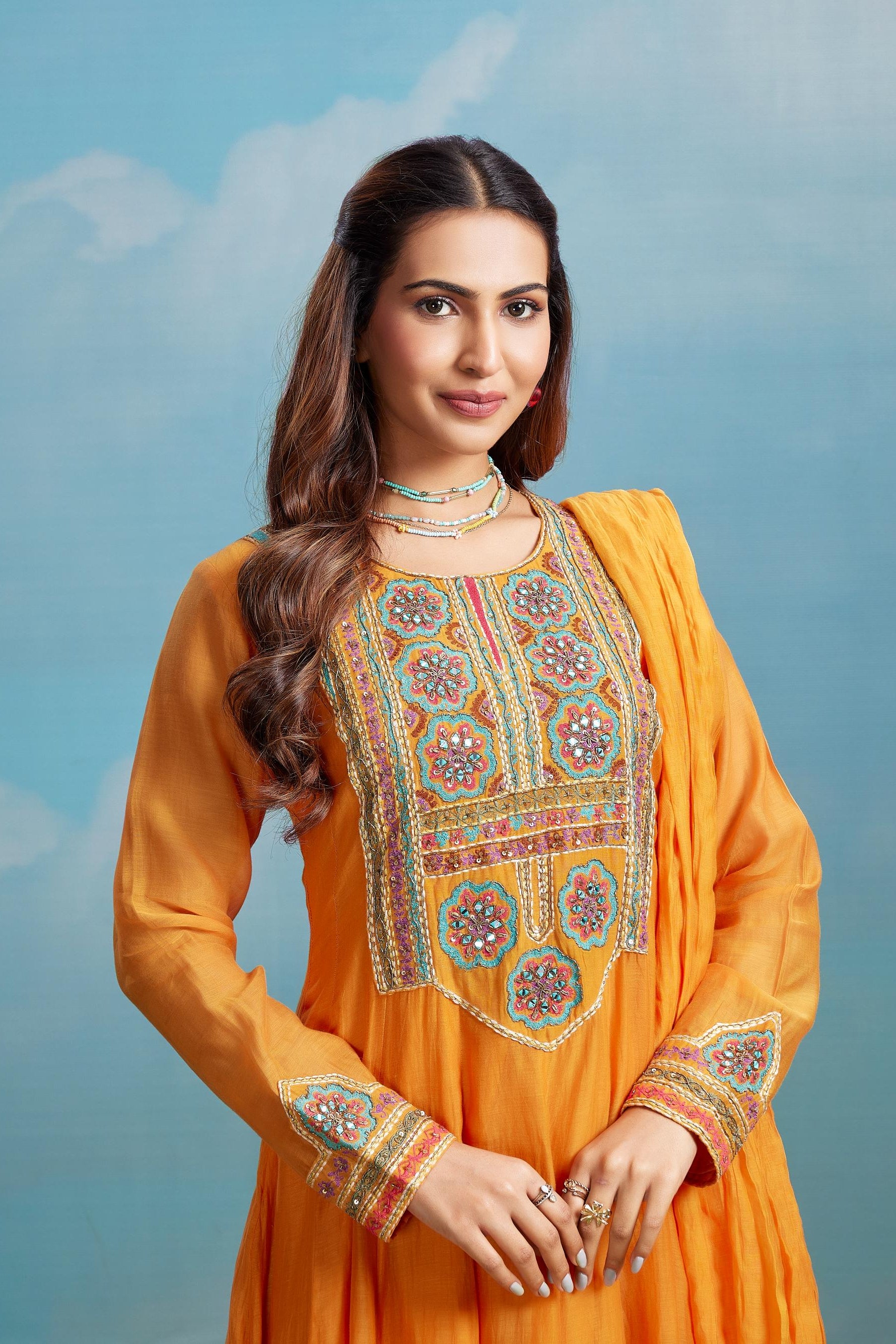 Amber Orange Embroidered Anarkali Set