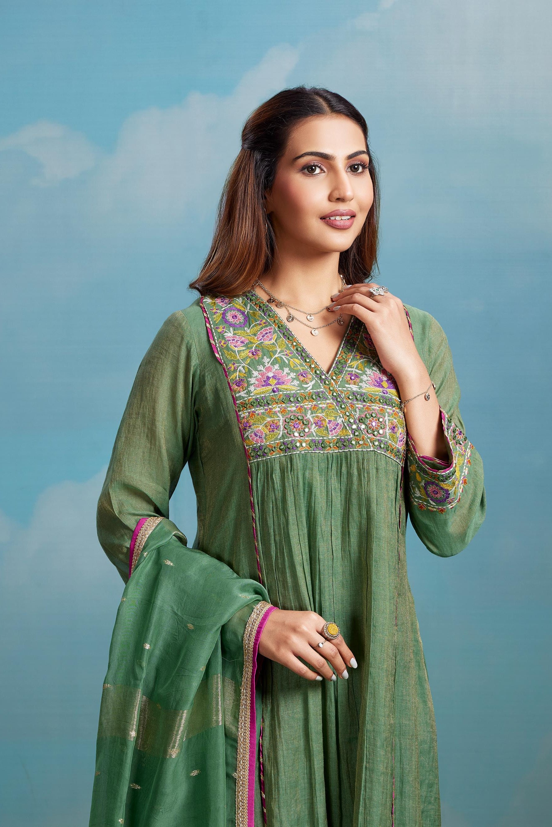 Olive Green Embroidered Suit Set