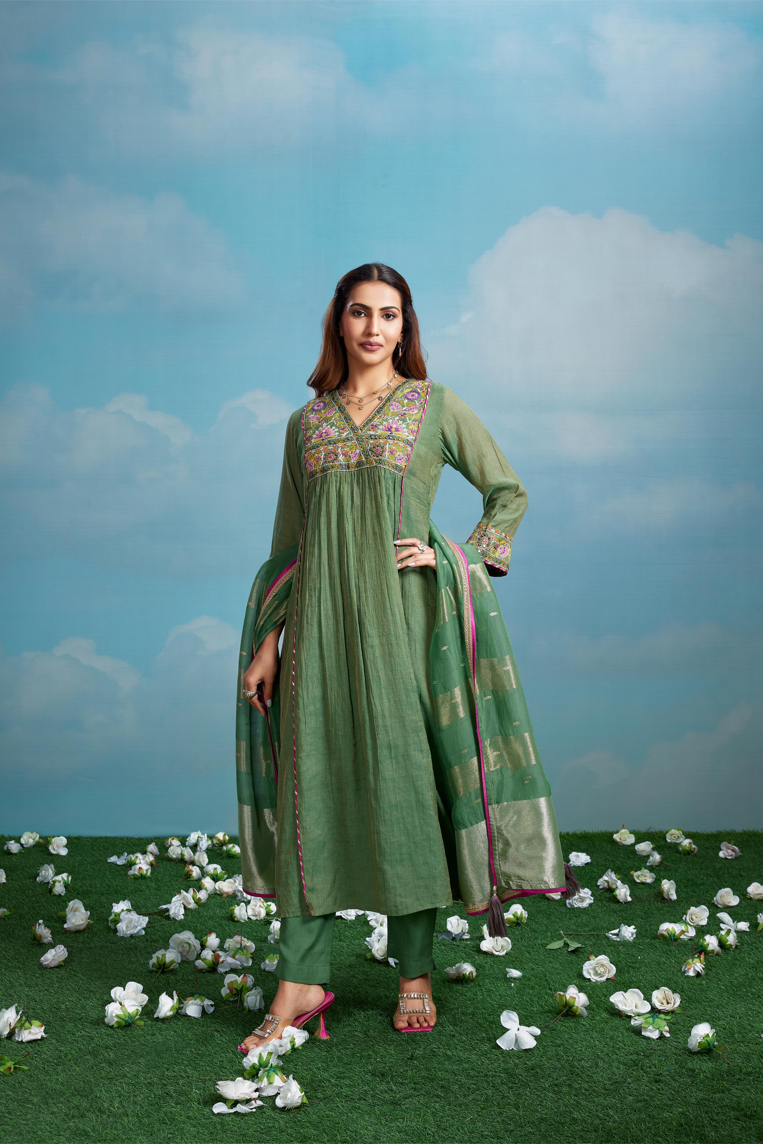 Olive Green Embroidered Suit Set