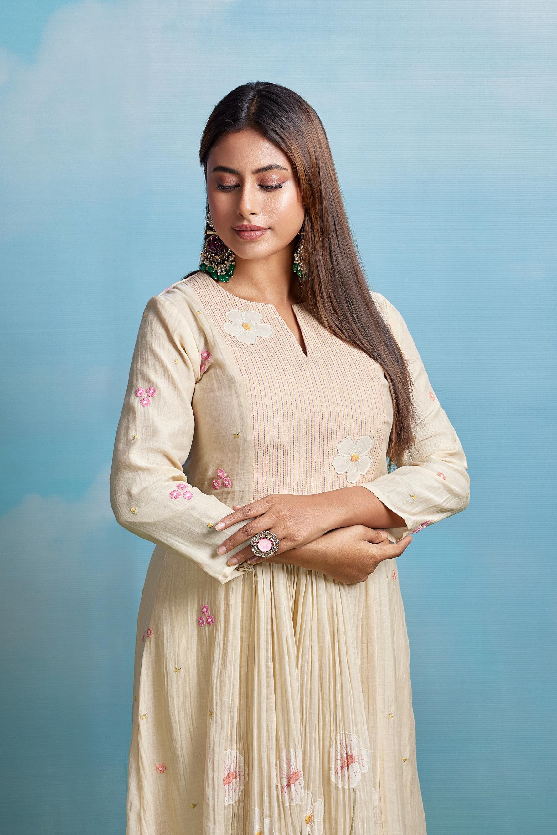 Cream Floral Embroidered Kurta Set