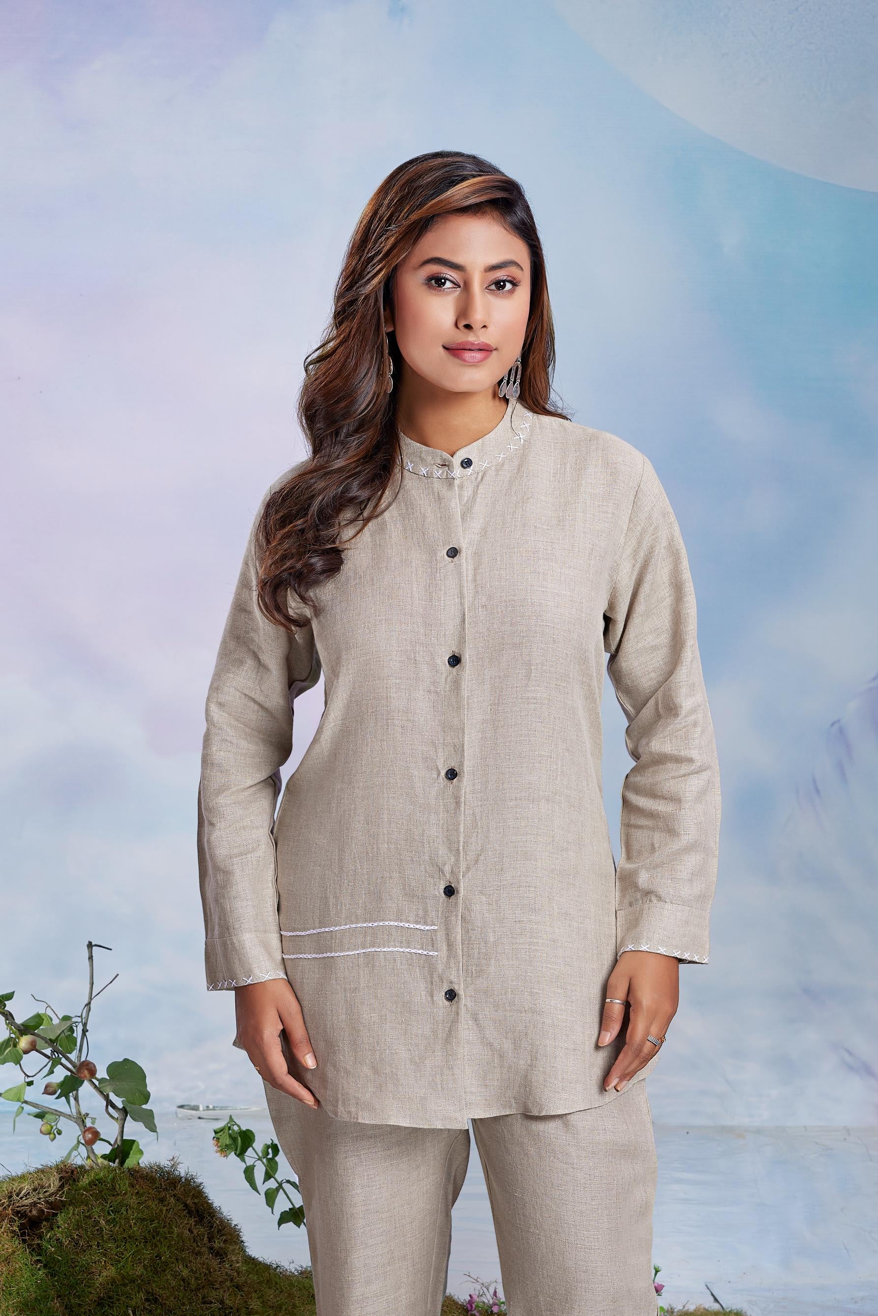 Beige Penguin Embroidered Co-Ord Set