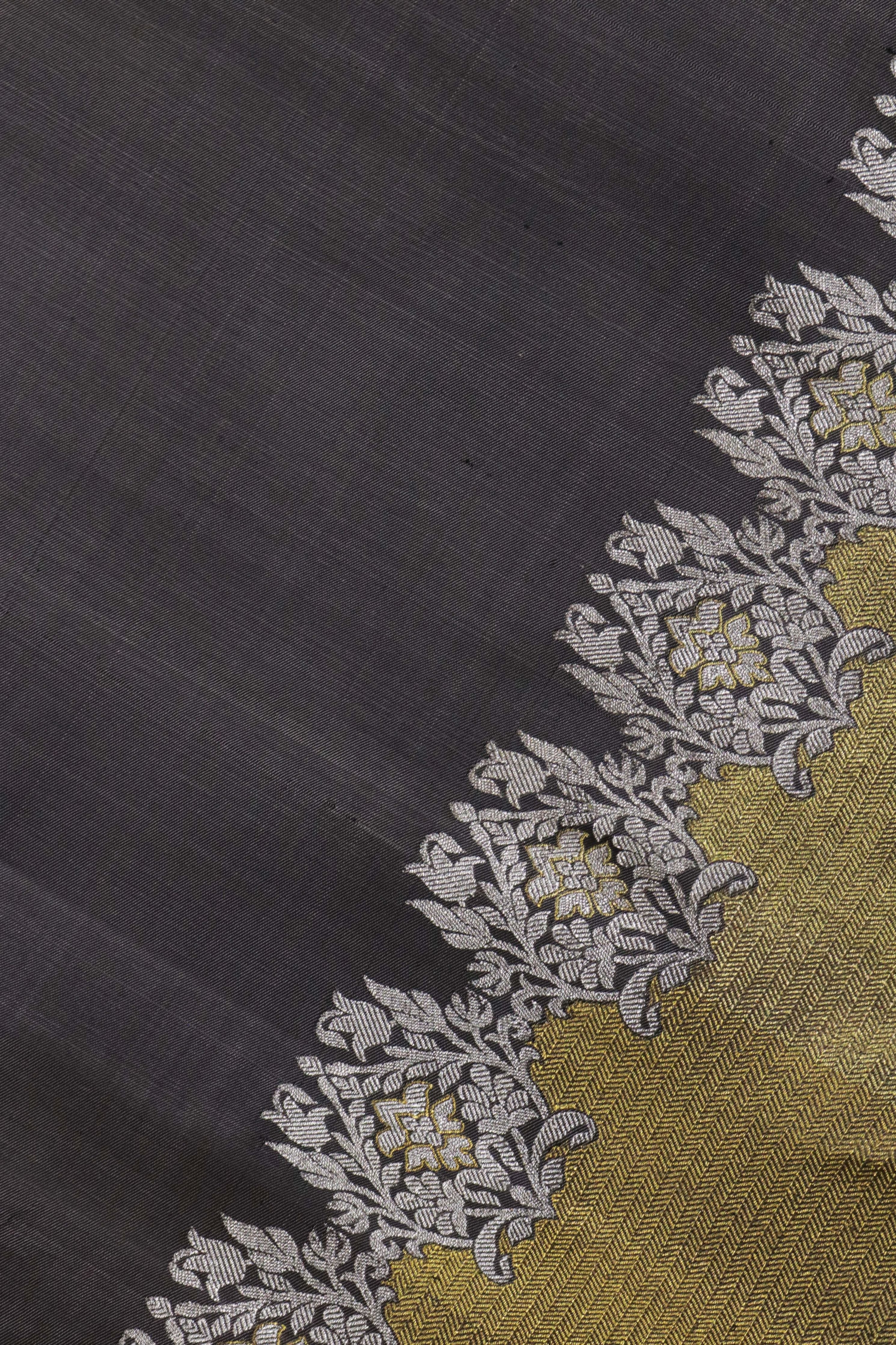 Elephant Grey Kanchivaram Silk Saree with Silver-Gold Border - Mokshaa