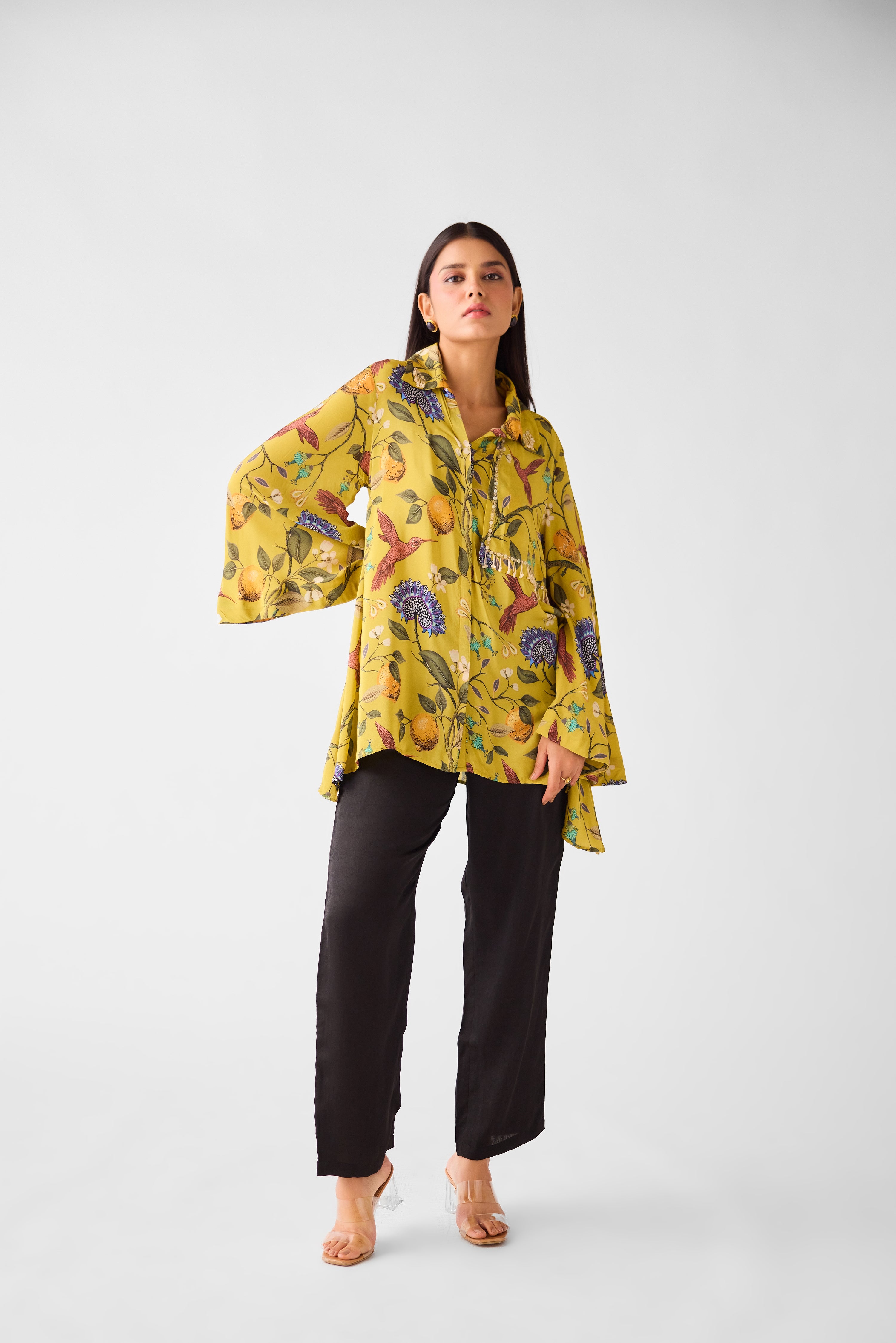 Lime Crepe Floral Long Shirt